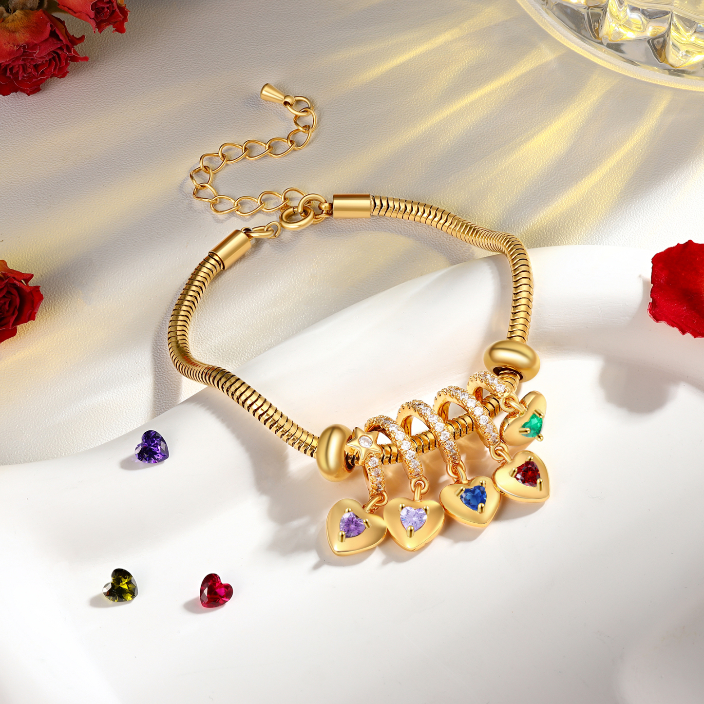 Bracelet Personnalisé avec 5 Prénoms et Pierres de Naissance Bracelet Pendentif Coeur Personnalisable pour Femme | Jessemade
