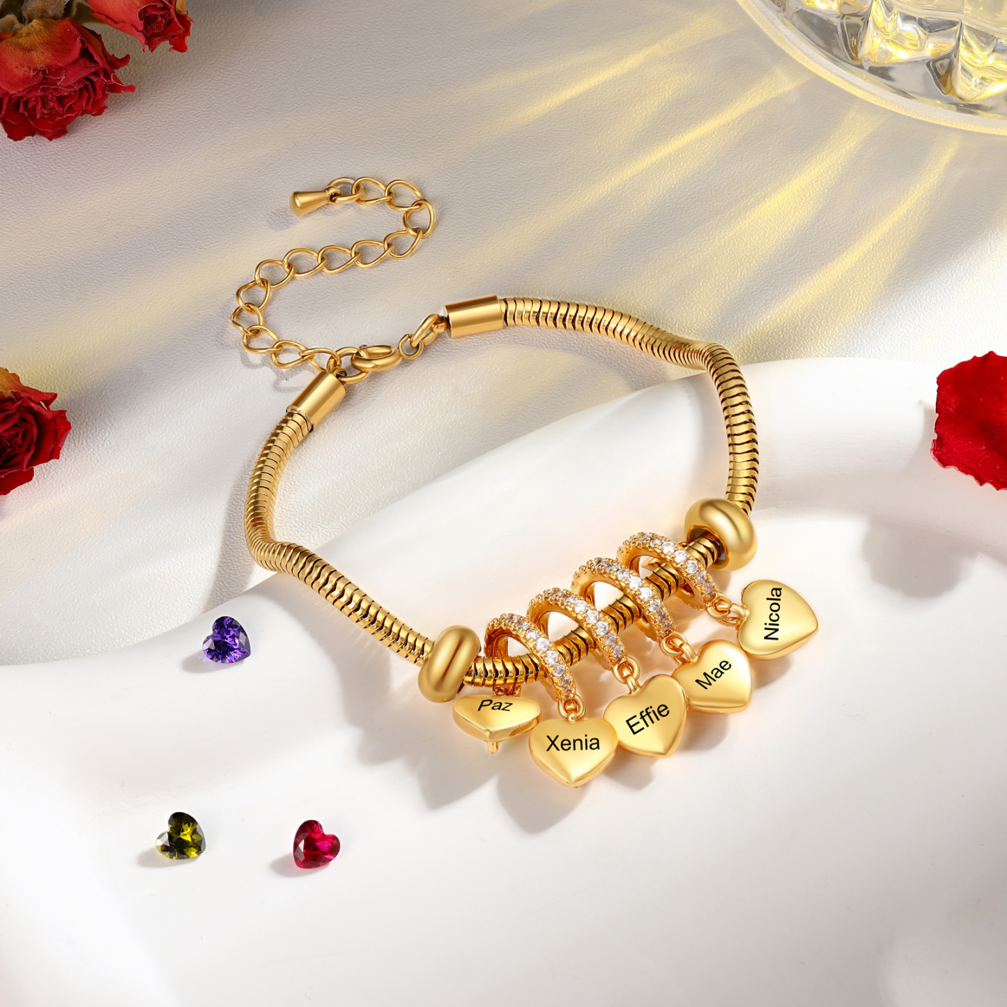 Bracelet Personnalisé avec 5 Prénoms et Pierres de Naissance Bracelet Pendentif Coeur Personnalisable pour Femme | Jessemade