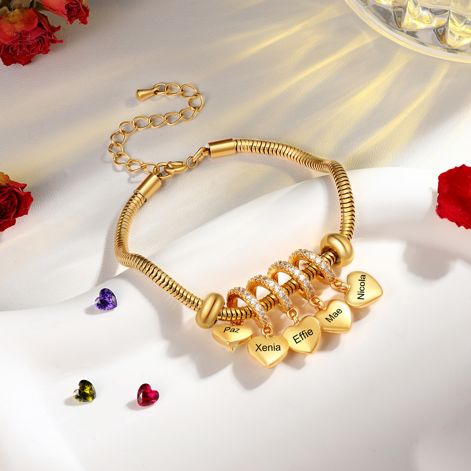 Bracelet Personnalisé avec 5 Prénoms et Pierres de Naissance Bracelet Pendentif Coeur Personnalisable pour Femme | Jessemade