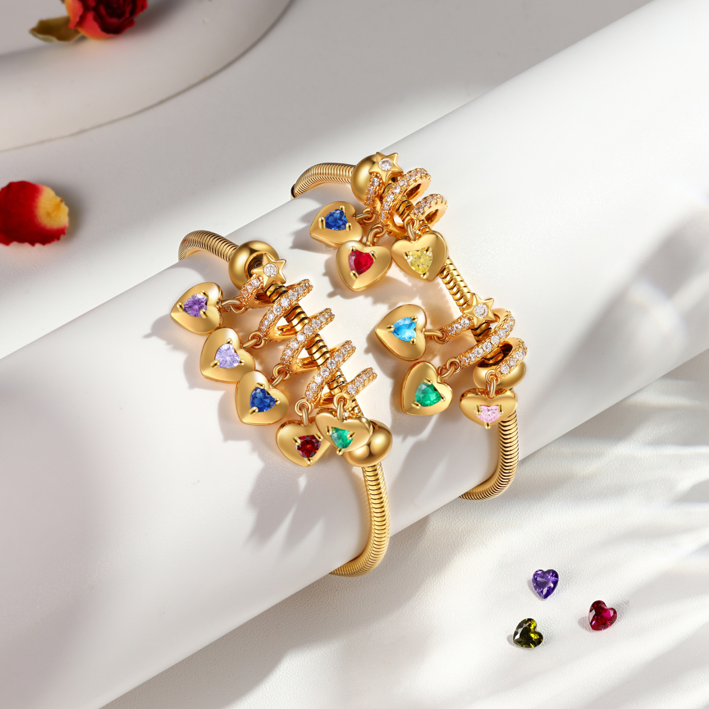 Bracelet Personnalisé avec 5 Prénoms et Pierres de Naissance Bracelet Pendentif Coeur Personnalisable pour Femme | Jessemade
