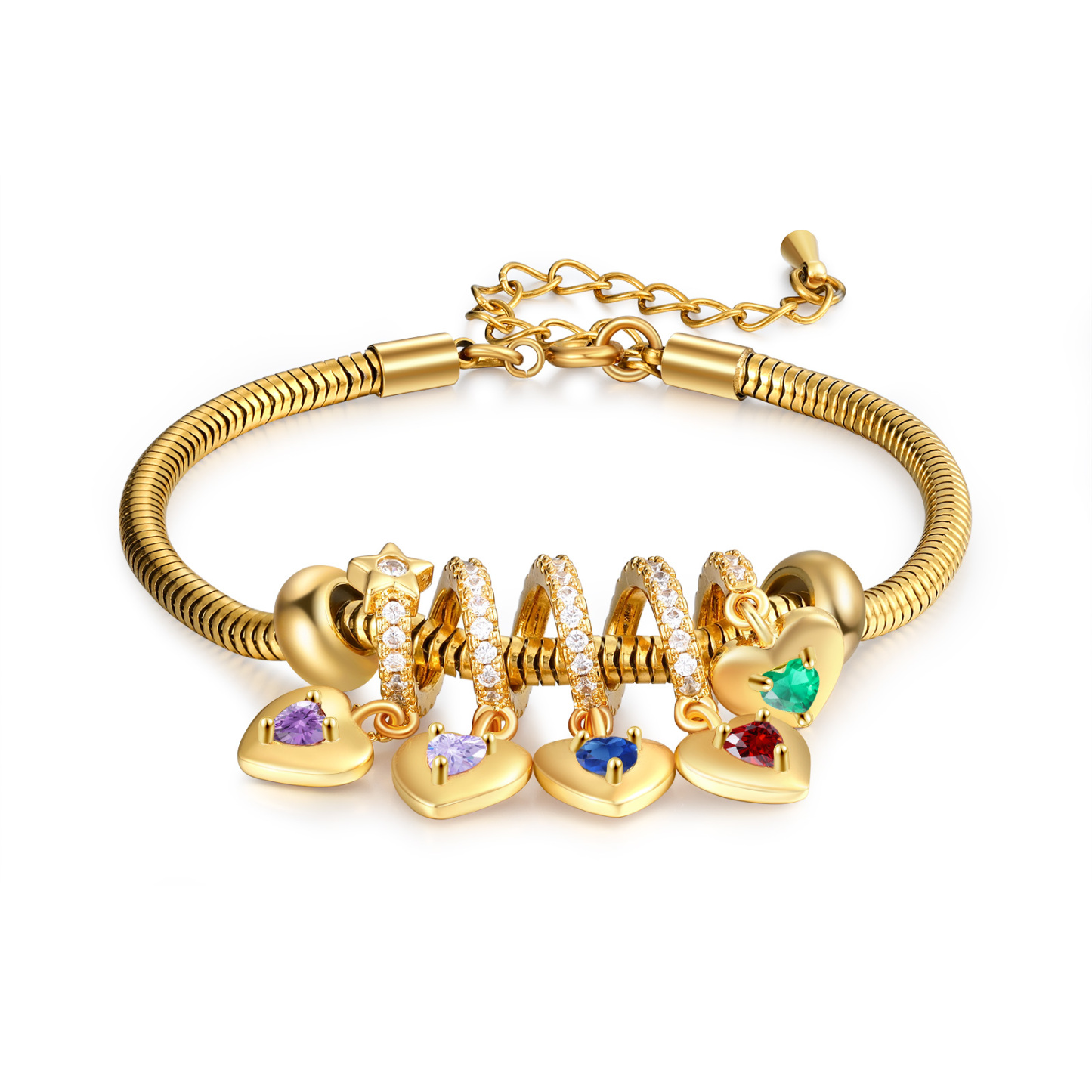 Bracelet Personnalisé avec 5 Prénoms et Pierres de Naissance Bracelet Pendentif Coeur Personnalisable pour Femme | Jessemade