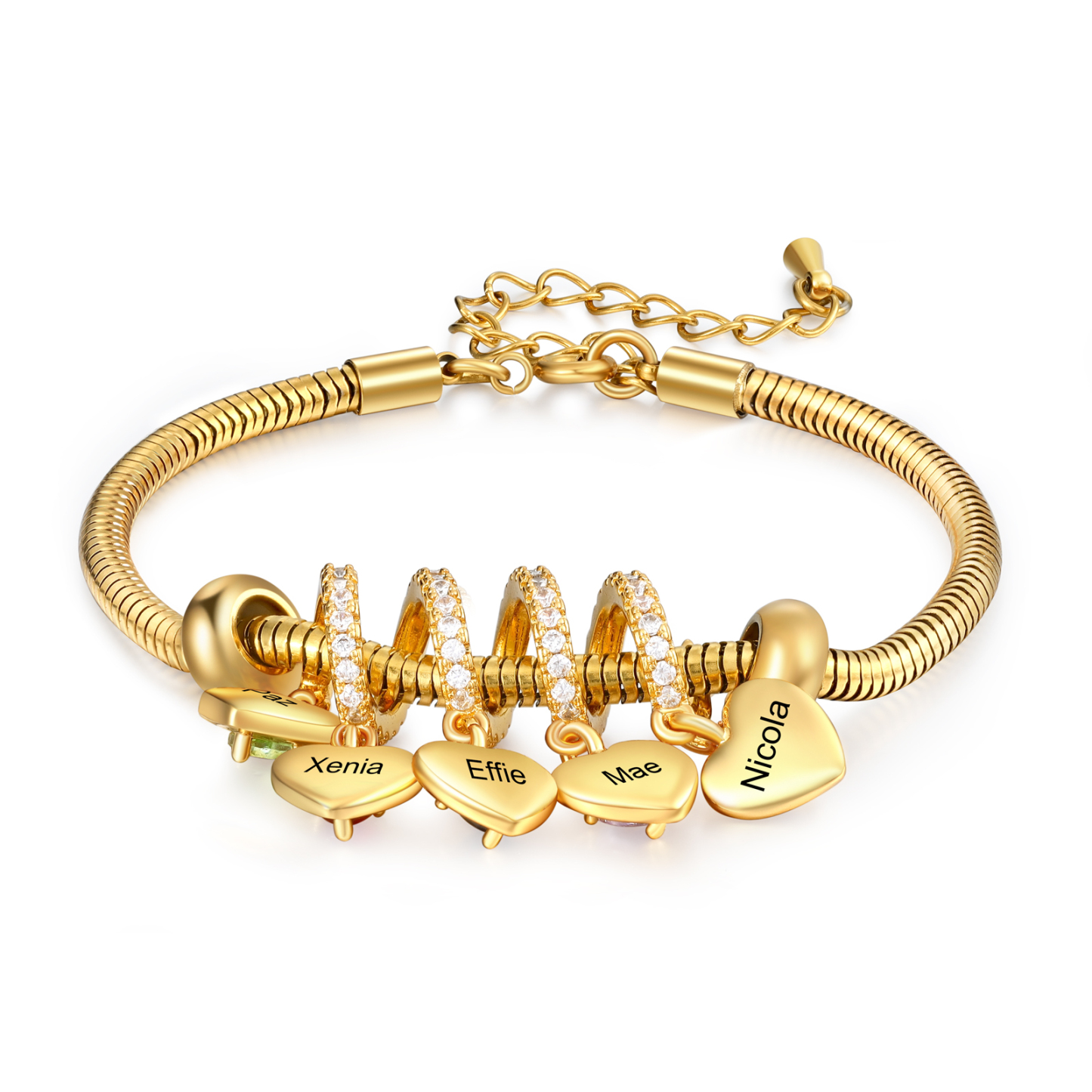 Bracelet Personnalisé avec 5 Prénoms et Pierres de Naissance Bracelet Pendentif Coeur Personnalisable pour Femme | Jessemade