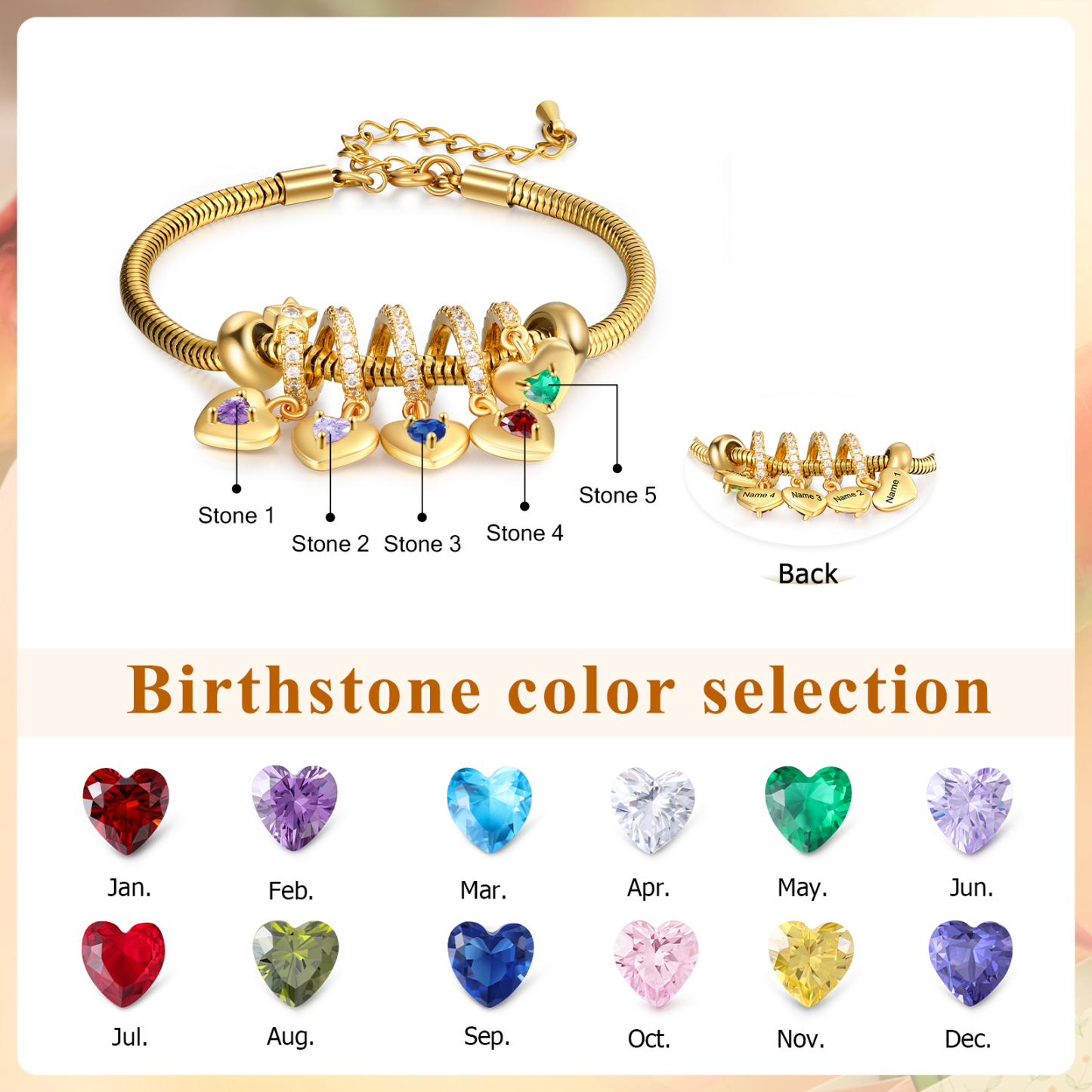Bracelet Personnalisé avec 5 Prénoms et Pierres de Naissance Bracelet Pendentif Coeur Personnalisable pour Femme | Jessemade