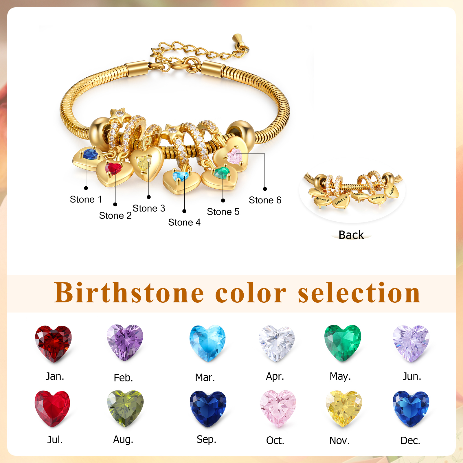 Bracelet Personnalisé avec 6 Prénoms et Pierres de Naissance Bracelet Pendentif Coeur Personnalisable Avec Coffret | Jessemade