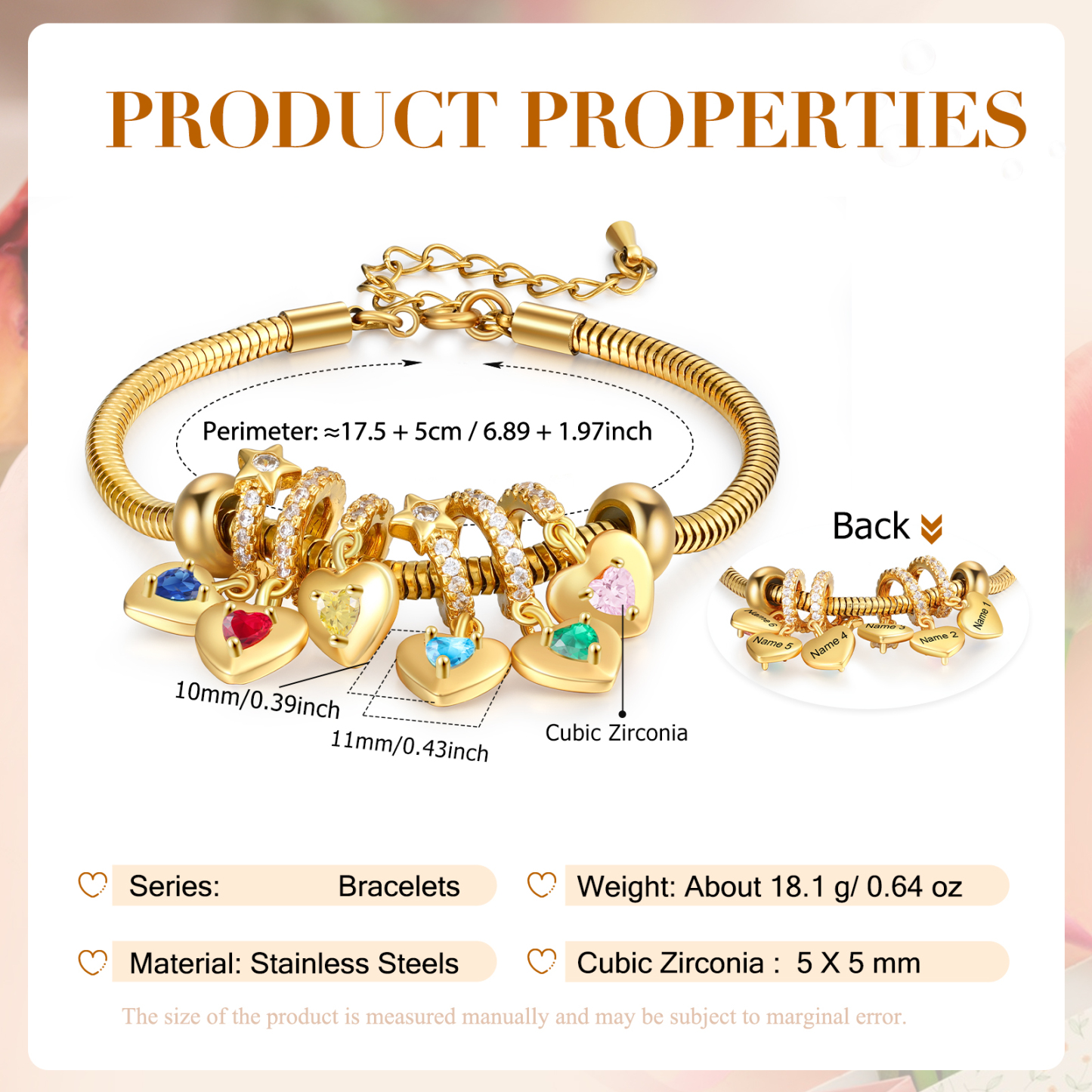 Bracelet Personnalisé avec 6 Prénoms et Pierres de Naissance Bracelet Pendentif Coeur Personnalisable pour Femme | Jessemade