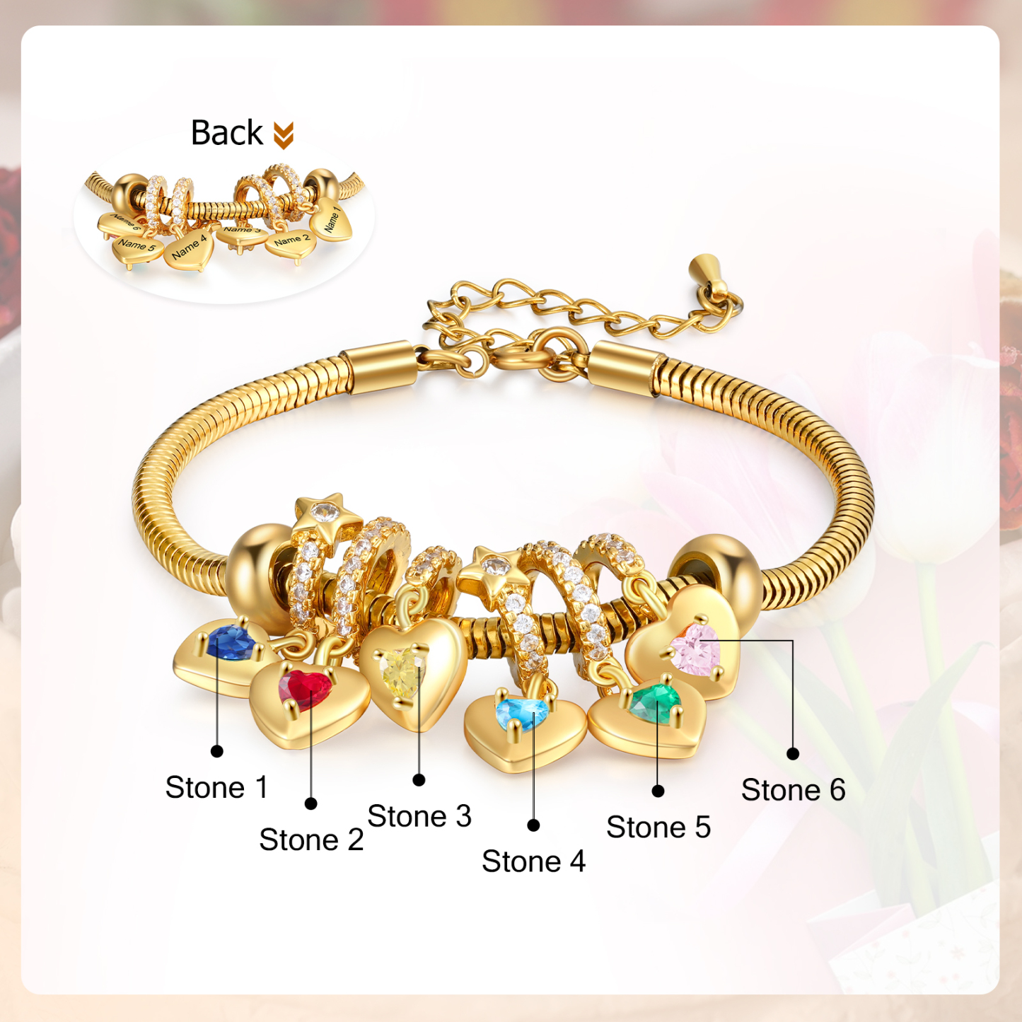 Bracelet Personnalisé avec 6 Prénoms et Pierres de Naissance Bracelet Pendentif Coeur Personnalisable pour Femme | Jessemade