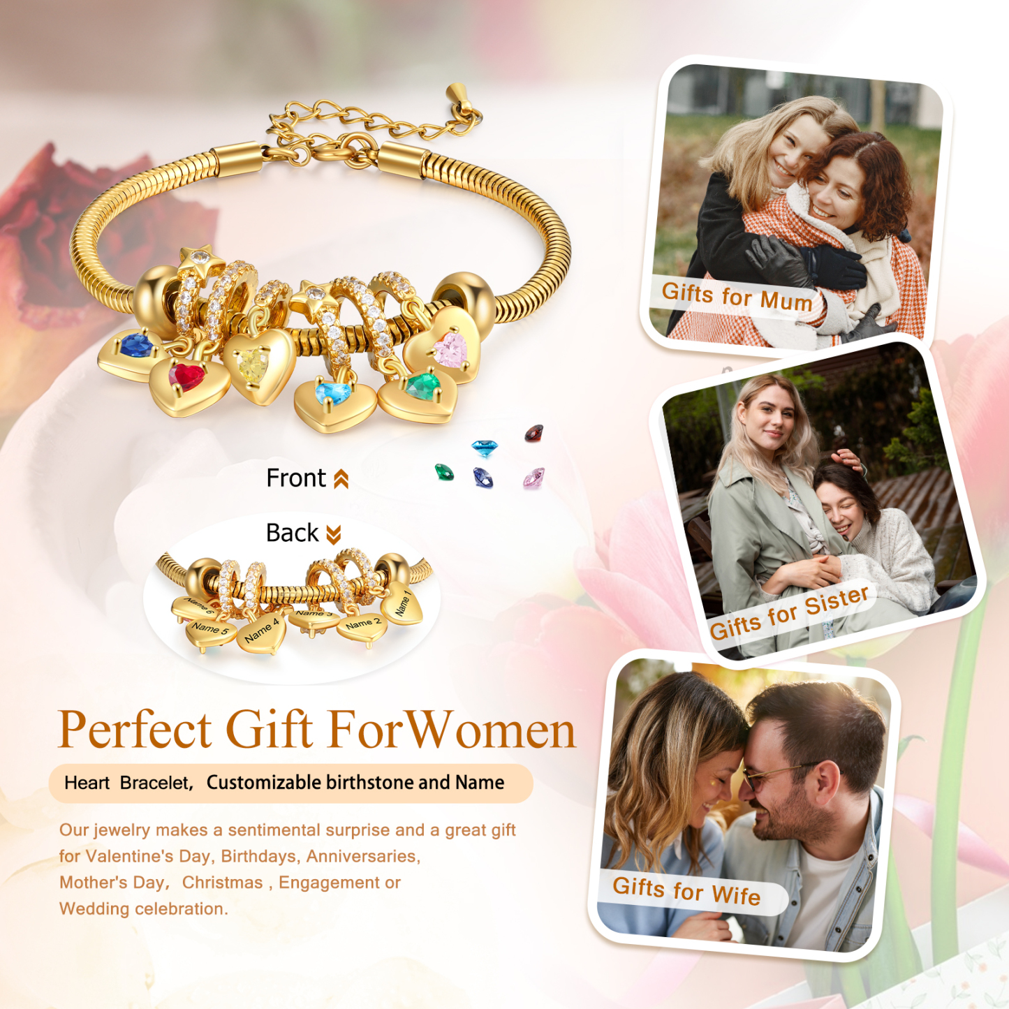 Bracelet Personnalisé avec 6 Prénoms et Pierres de Naissance Bracelet Pendentif Coeur Personnalisable pour Femme | Jessemade