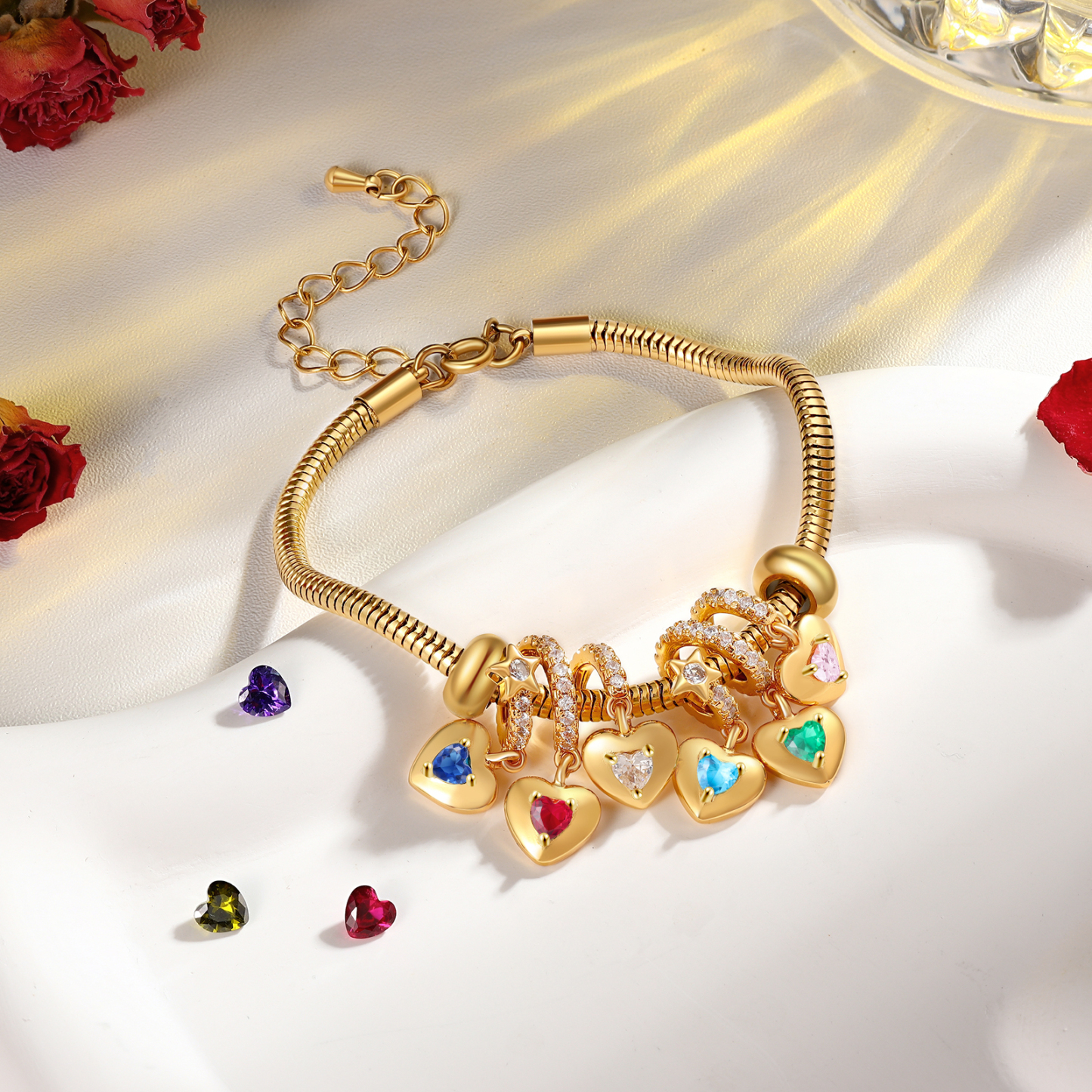 Bracelet Personnalisé avec 6 Prénoms et Pierres de Naissance Bracelet Pendentif Coeur Personnalisable pour Femme | Jessemade