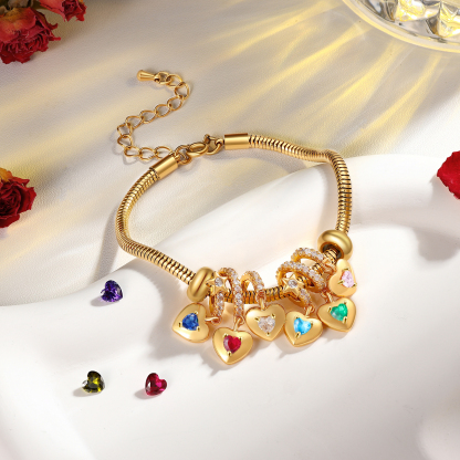 Bracelet Personnalisé avec 6 Prénoms et Pierres de Naissance Bracelet Pendentif Coeur Personnalisable pour Femme | Jessemade