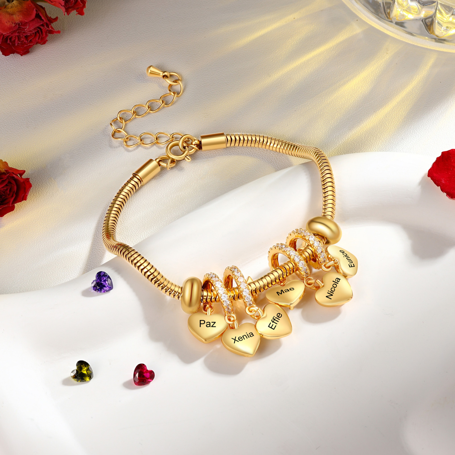 Bracelet Personnalisé avec 6 Prénoms et Pierres de Naissance Bracelet Pendentif Coeur Personnalisable pour Femme | Jessemade