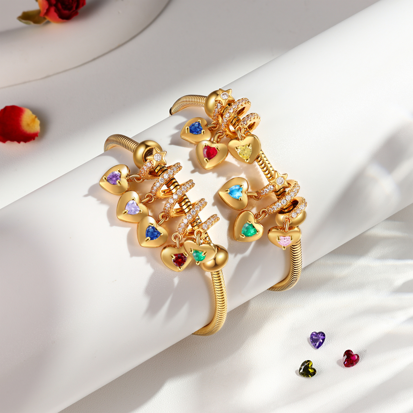 Bracelet Personnalisé avec 6 Prénoms et Pierres de Naissance Bracelet Pendentif Coeur Personnalisable pour Femme | Jessemade