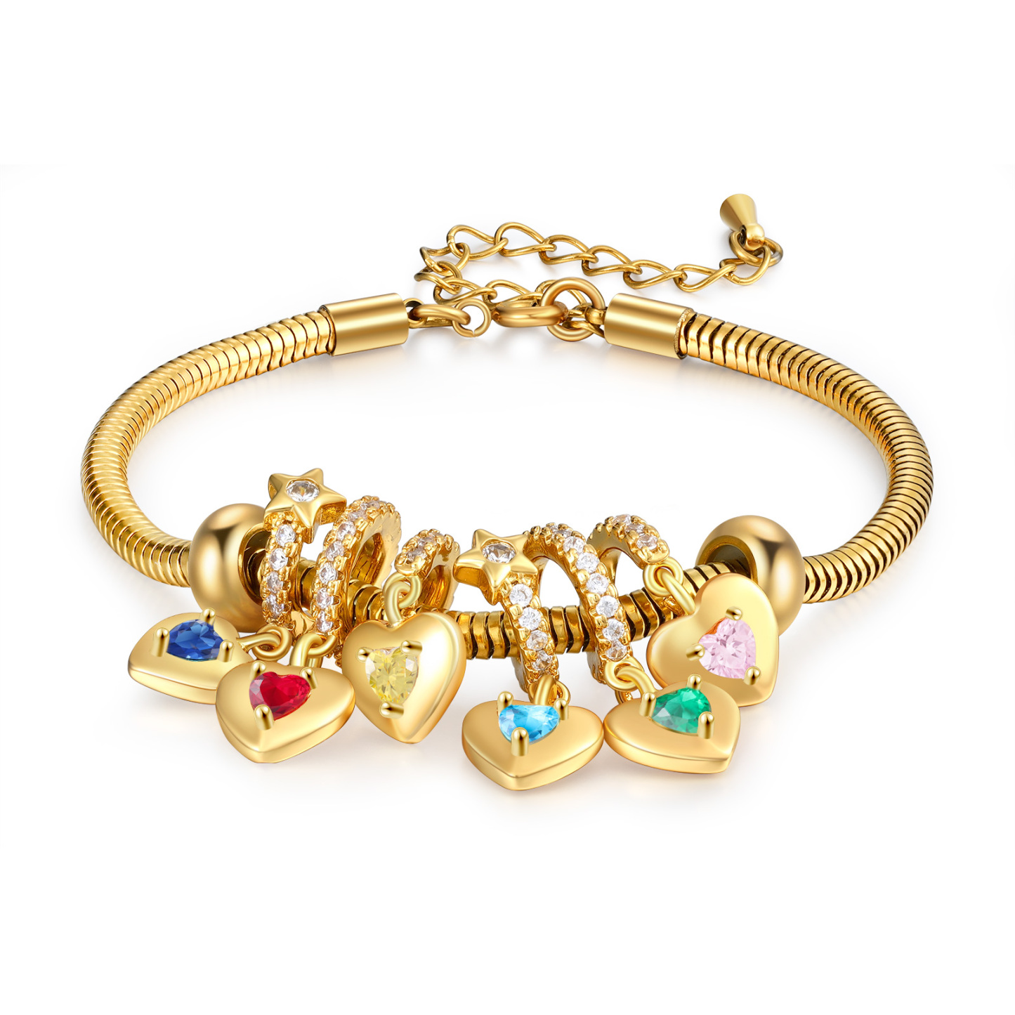 Bracelet Personnalisé avec 6 Prénoms et Pierres de Naissance Bracelet Pendentif Coeur Personnalisable pour Femme | Jessemade