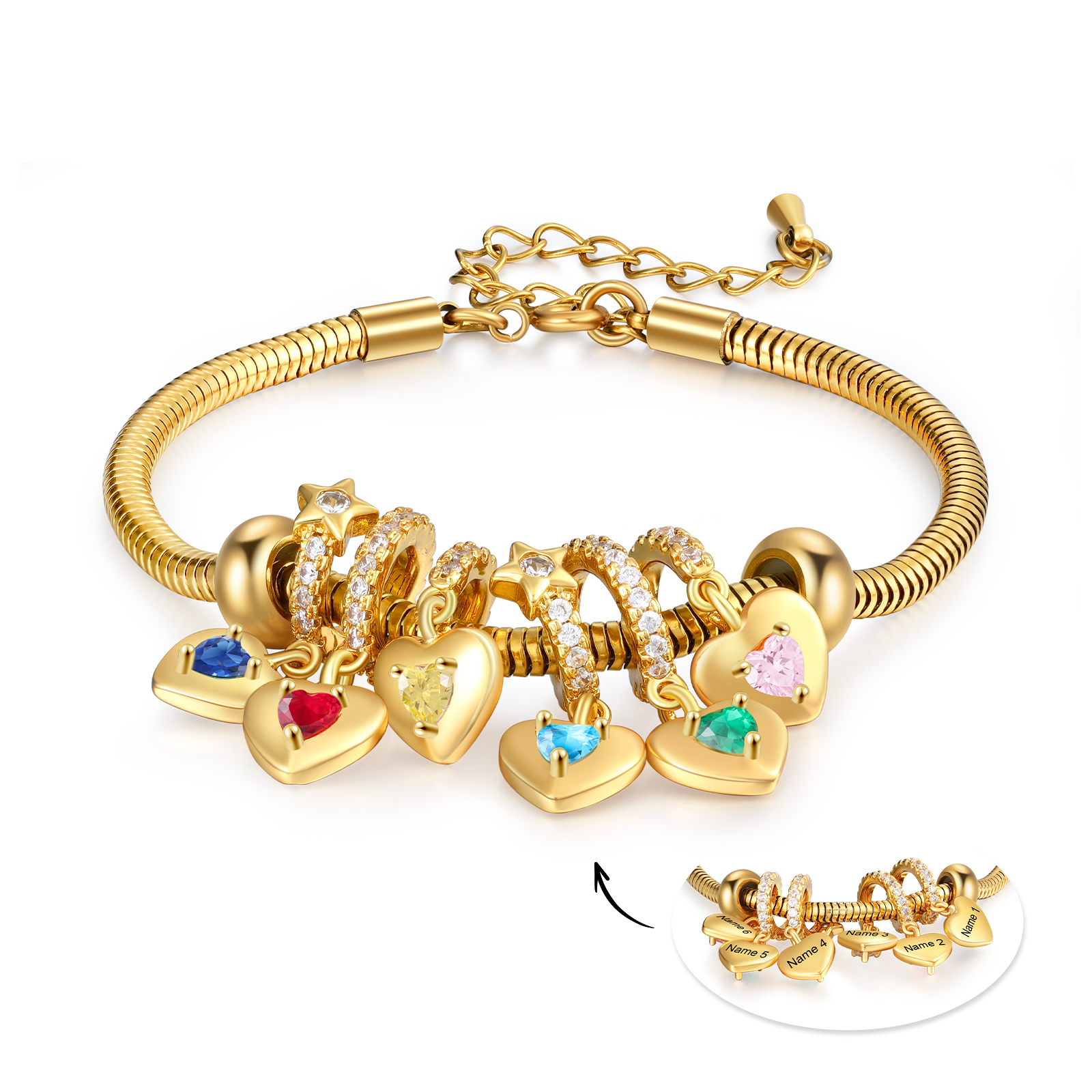 Bracelet Personnalisé avec 6 Prénoms et Pierres de Naissance Bracelet Pendentif Coeur Personnalisable pour Femme | Jessemade
