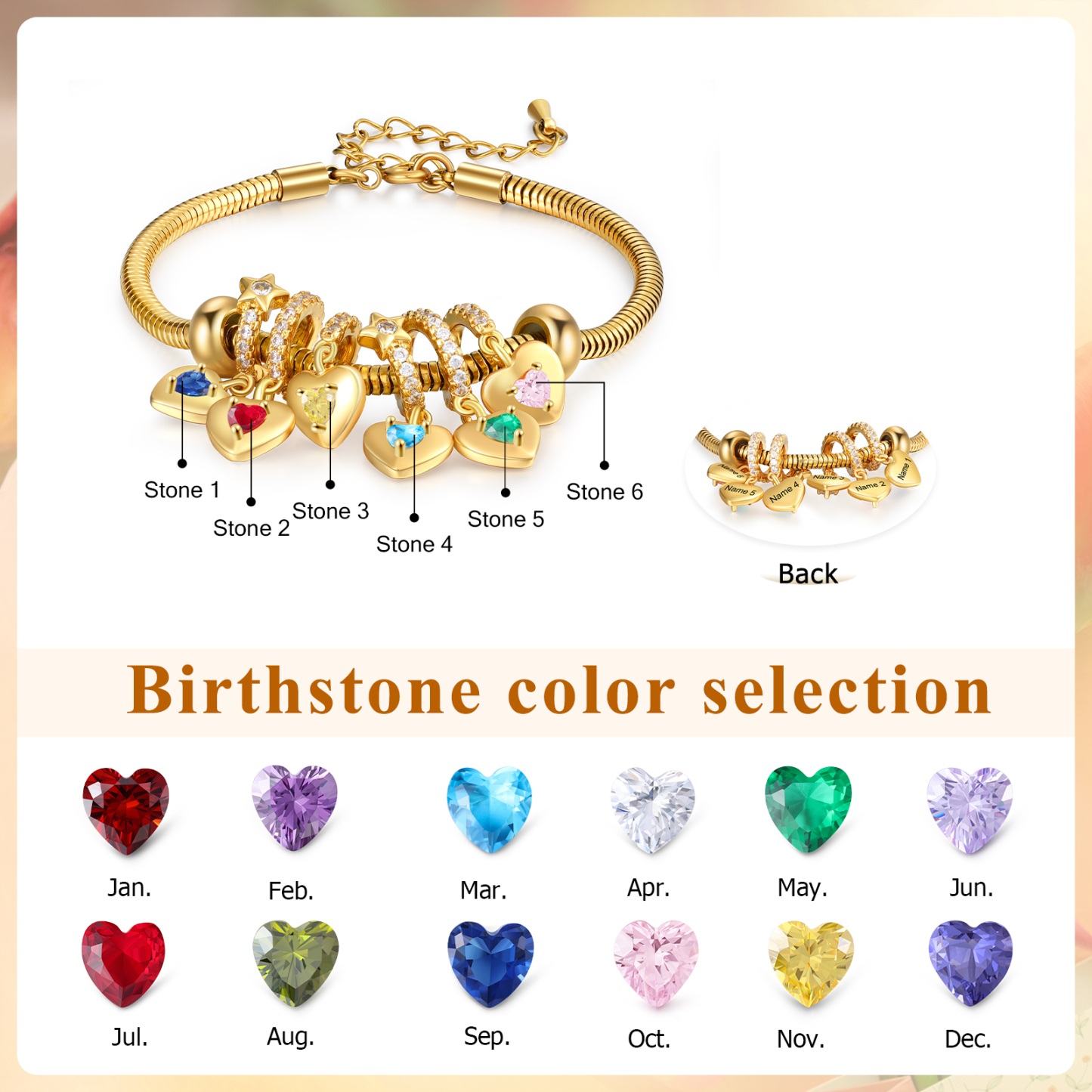 Bracelet Personnalisé avec 6 Prénoms et Pierres de Naissance Bracelet Pendentif Coeur Personnalisable pour Femme | Jessemade