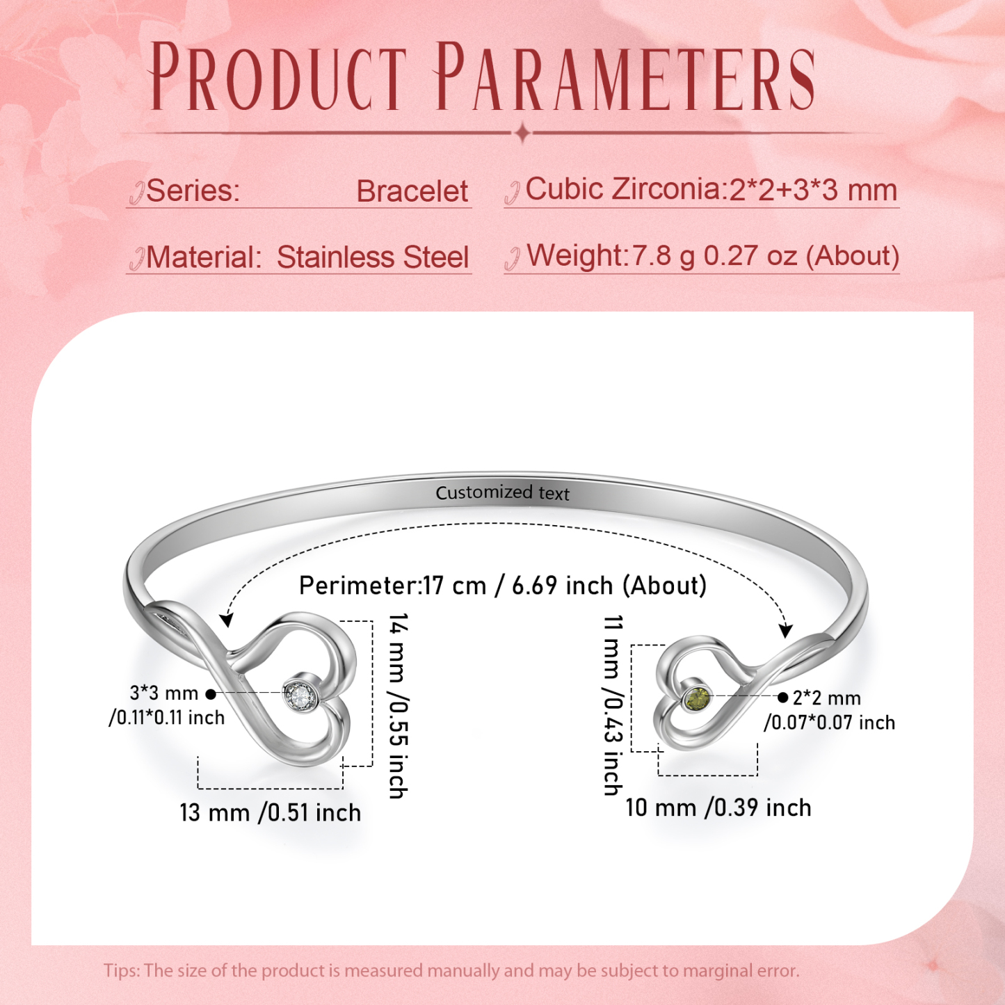 Bracelet en acier inoxydable Personnalisé avec 2 Pierres de Naissance et Texte Bracelet pour Femme | Jessemade