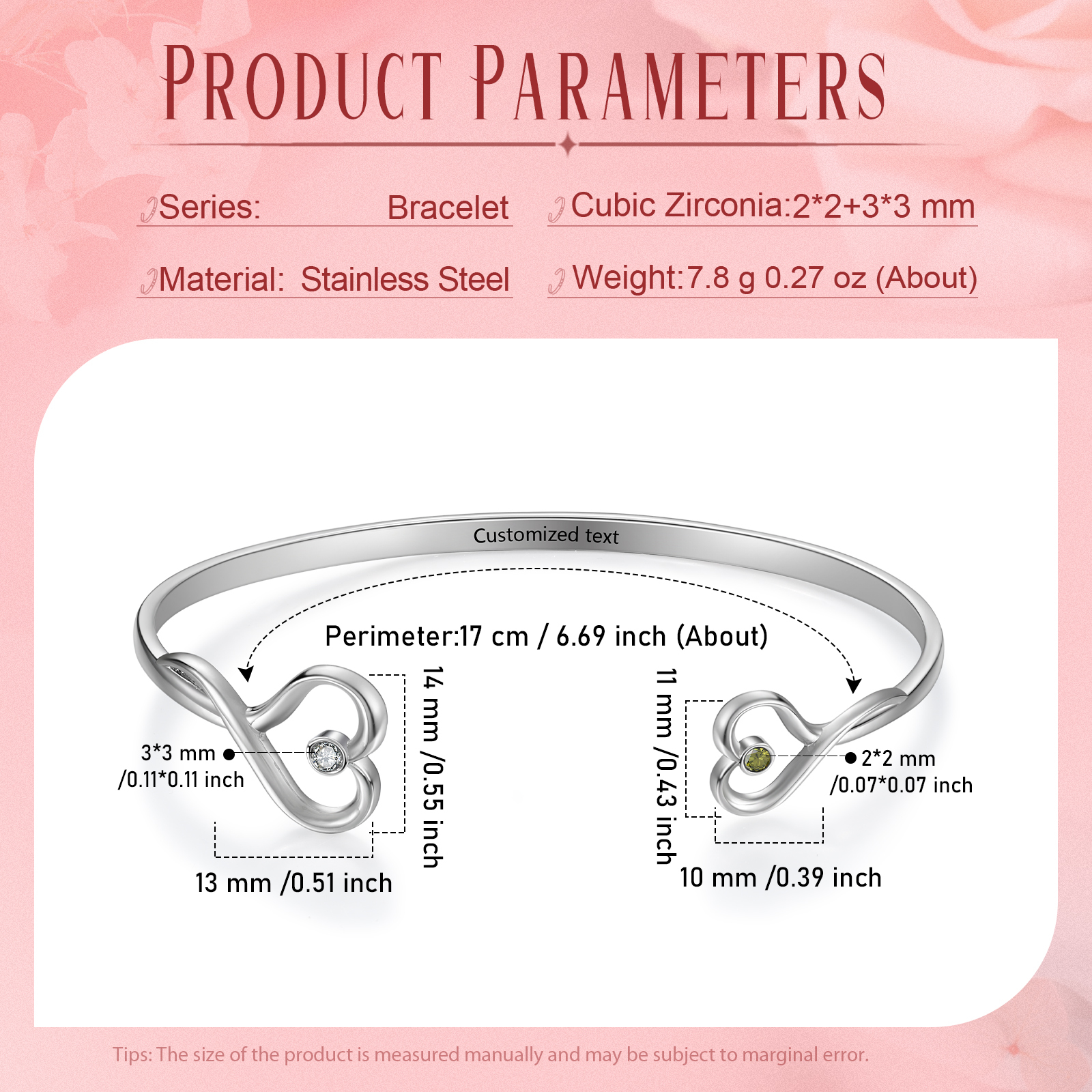 Bracelet en acier inoxydable Personnalisé avec 2 Pierres de Naissance et Texte Bracelet pour Femme | Jessemade