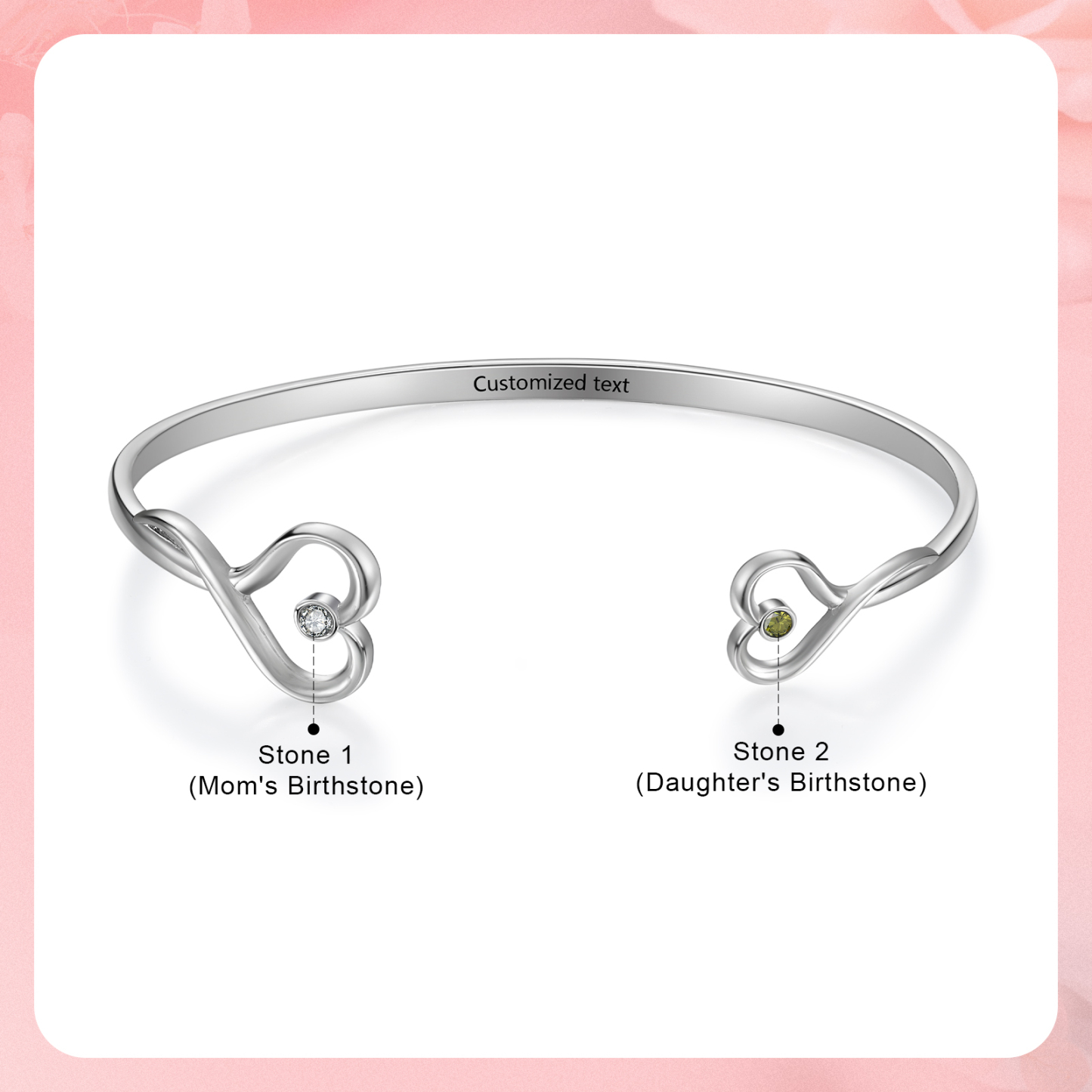 Bracelet en acier inoxydable Personnalisé avec 2 Pierres de Naissance et Texte Bracelet pour Femme | Jessemade