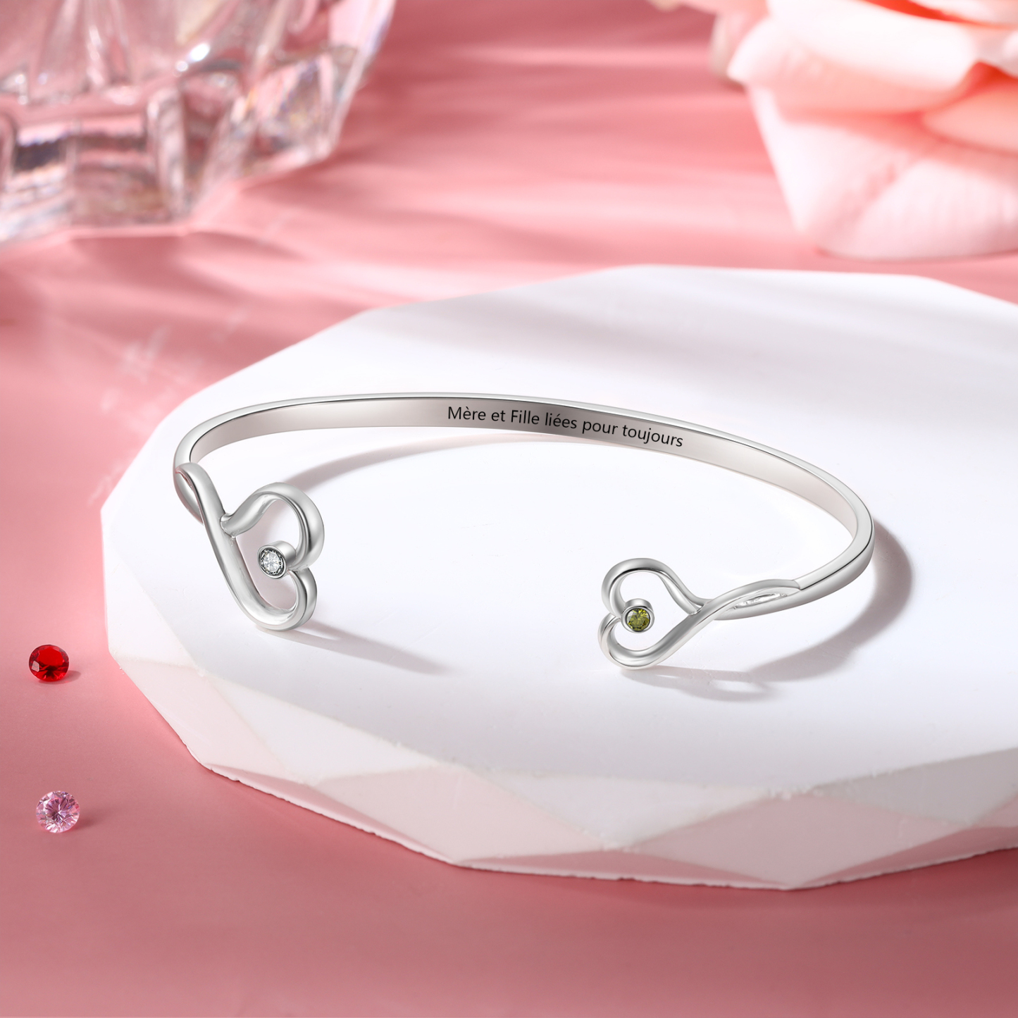 Bracelet en acier inoxydable Personnalisé avec 2 Pierres de Naissance et Texte Bracelet pour Femme | Jessemade
