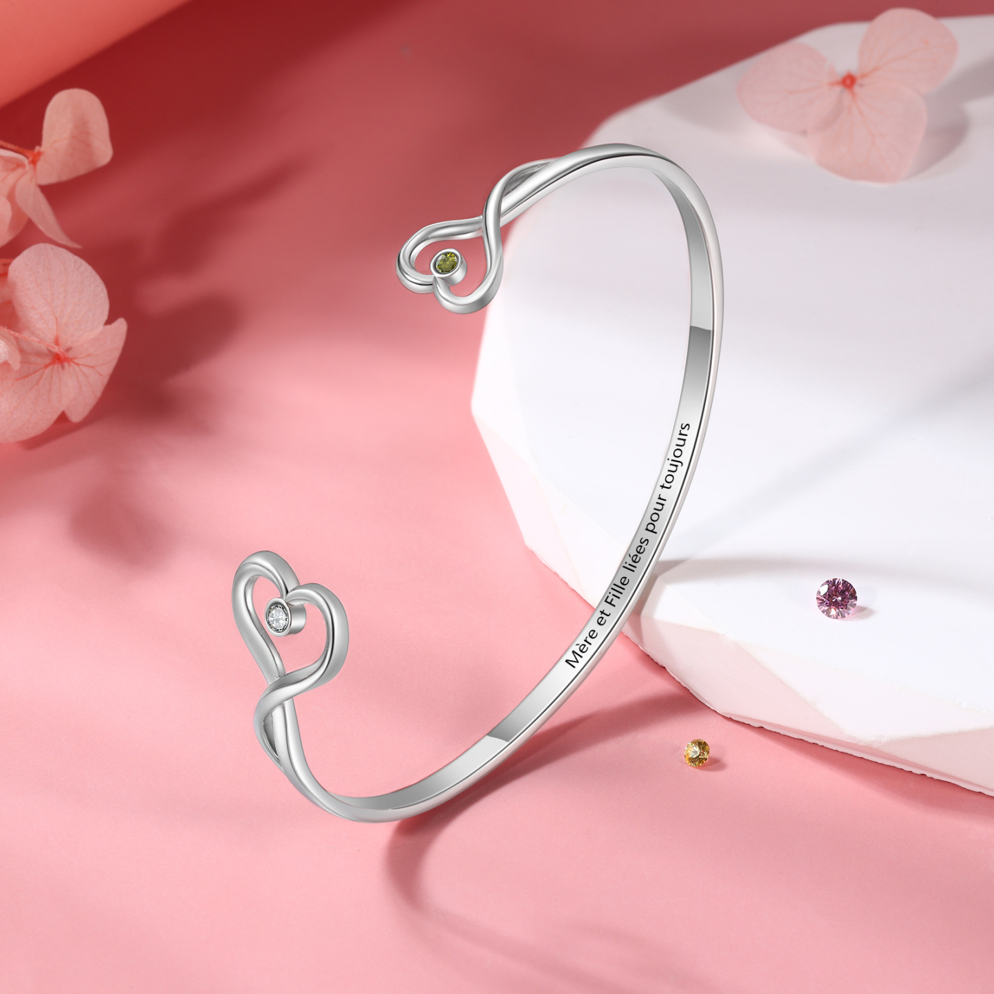 Bracelet en acier inoxydable Personnalisé avec 2 Pierres de Naissance et Texte Bracelet pour Femme | Jessemade