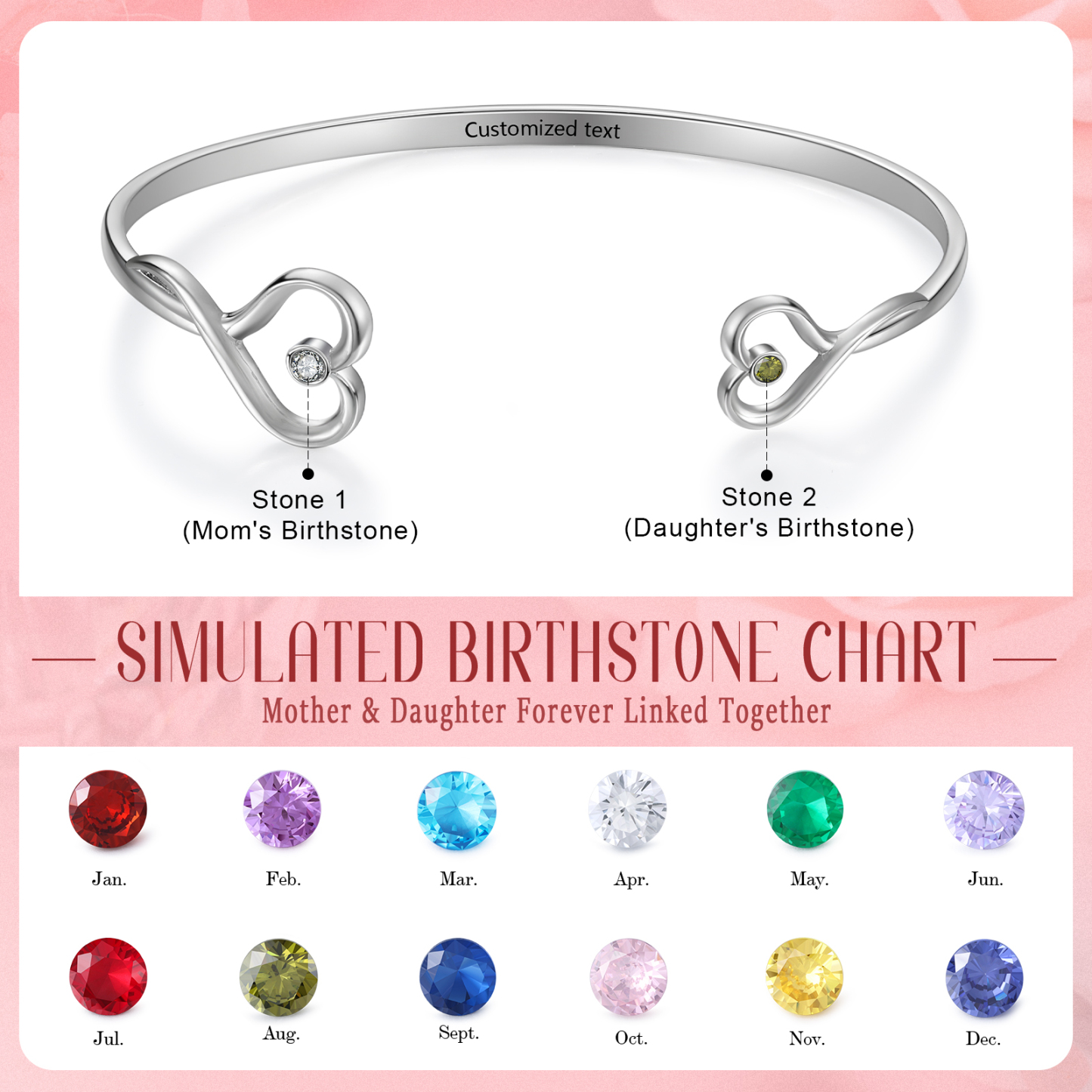Bracelet en acier inoxydable Personnalisé avec 2 Pierres de Naissance et Texte Bracelet pour Femme | Jessemade