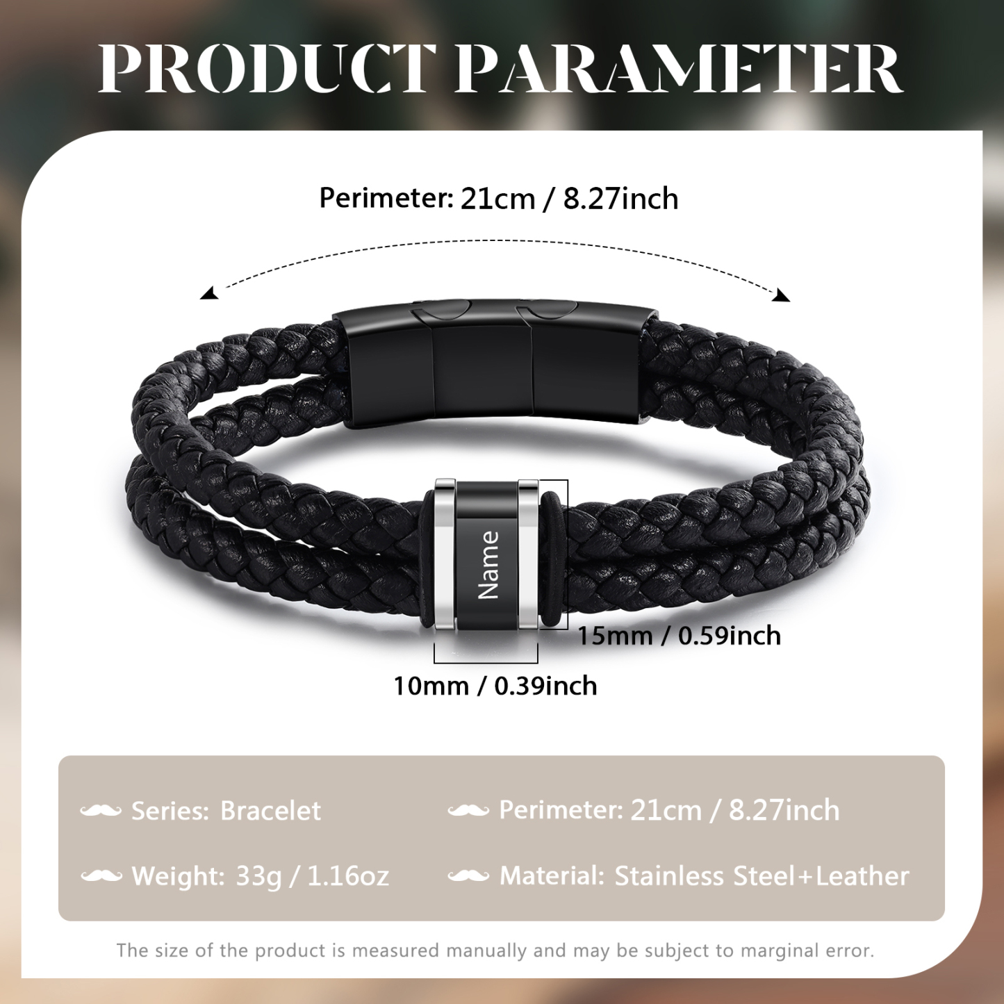 Bracelet Personnalisé en Cuir et Acier Inoxydable Personnalisé avec 1 Prénom Bracelet Homme | Jessemade