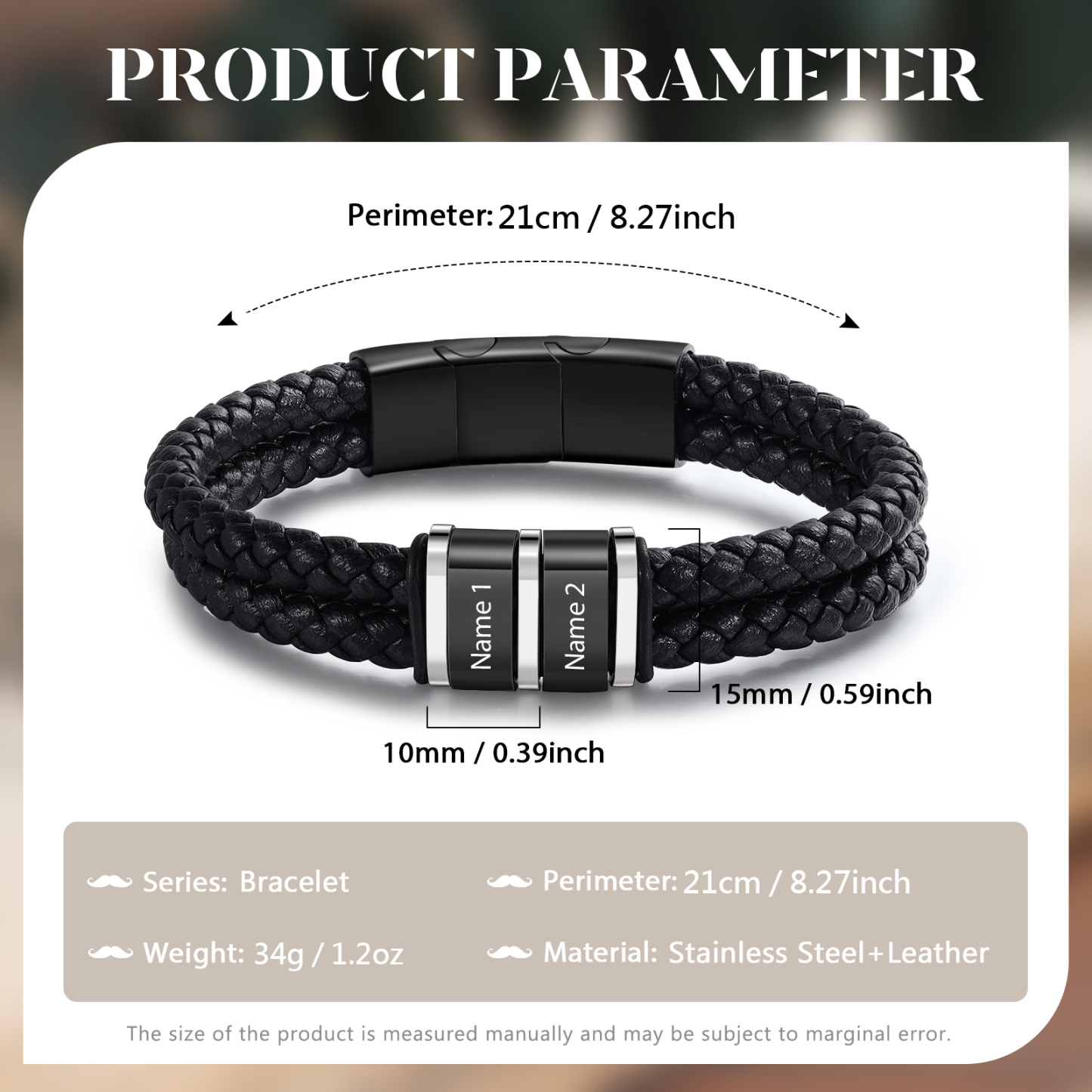 Bracelet Personnalisé en Cuir et Acier Inoxydable Personnalisé avec 2 Prénoms Bracelet Homme | Jessemade