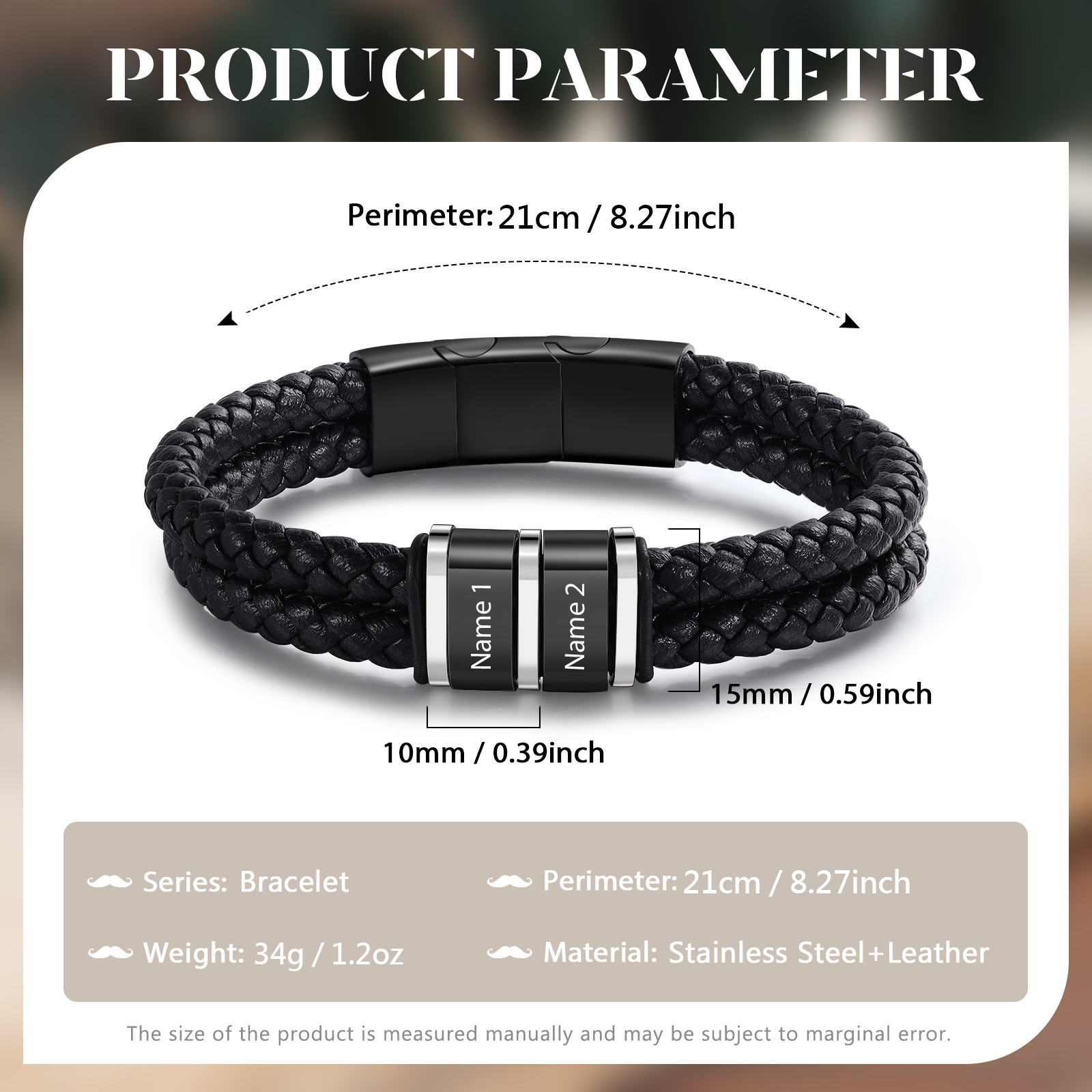 Bracelet Personnalisé en Cuir et Acier Inoxydable Personnalisé avec 2 Prénoms Bracelet Homme | Jessemade