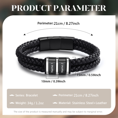 Bracelet Personnalisé en Cuir et Acier Inoxydable Personnalisé avec 2 Prénoms Bracelet Homme | Jessemade