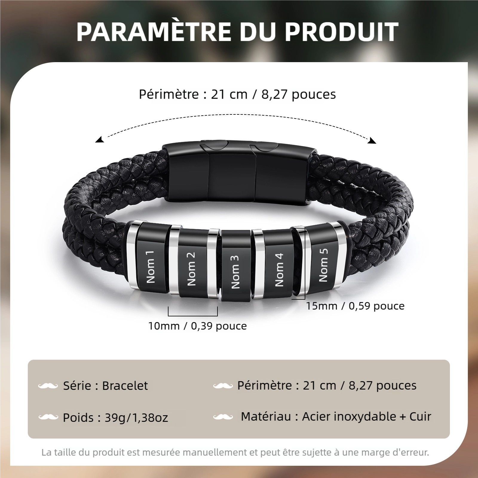 Bracelet Personnalisé en Cuir et Acier Inoxydable Personnalisé avec 3 Prénoms Bracelet Homme | Jessemade