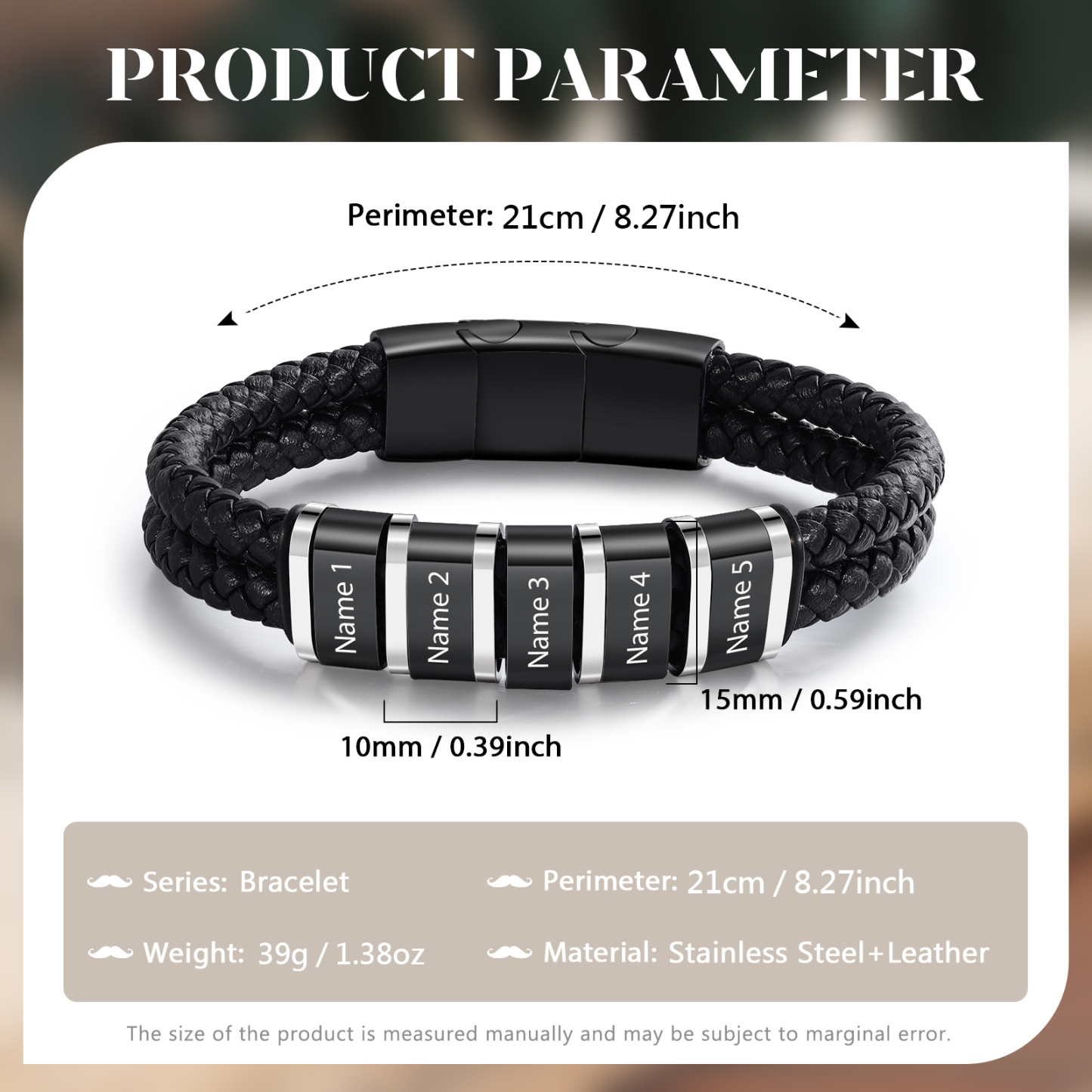 Bracelet Personnalisé en Cuir et Acier Inoxydable Personnalisé avec 5 Prénoms Bracelet Homme | Jessemade