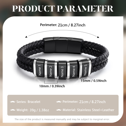 Bracelet Personnalisé en Cuir et Acier Inoxydable Personnalisé avec 5 Prénoms Bracelet Homme | Jessemade