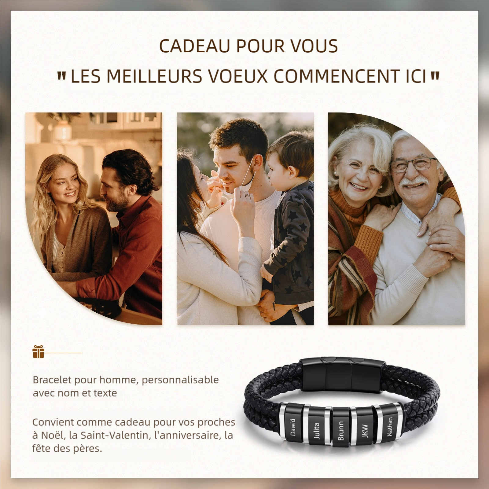 Bracelet Personnalisé en Cuir et Acier Inoxydable Personnalisé avec 3 Prénoms Bracelet Homme | Jessemade