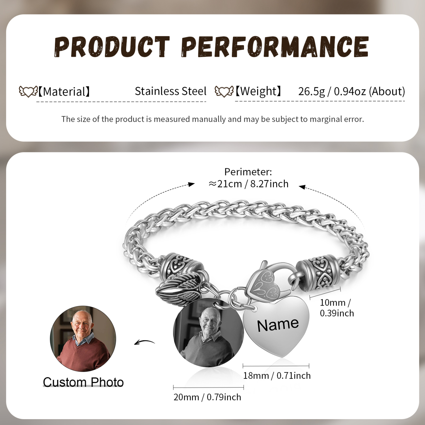 Bracelet Coeur et Ailes commémoratif 1 Prénom Personnalisé avec photo Bracelet Personnalisé | Jessemade