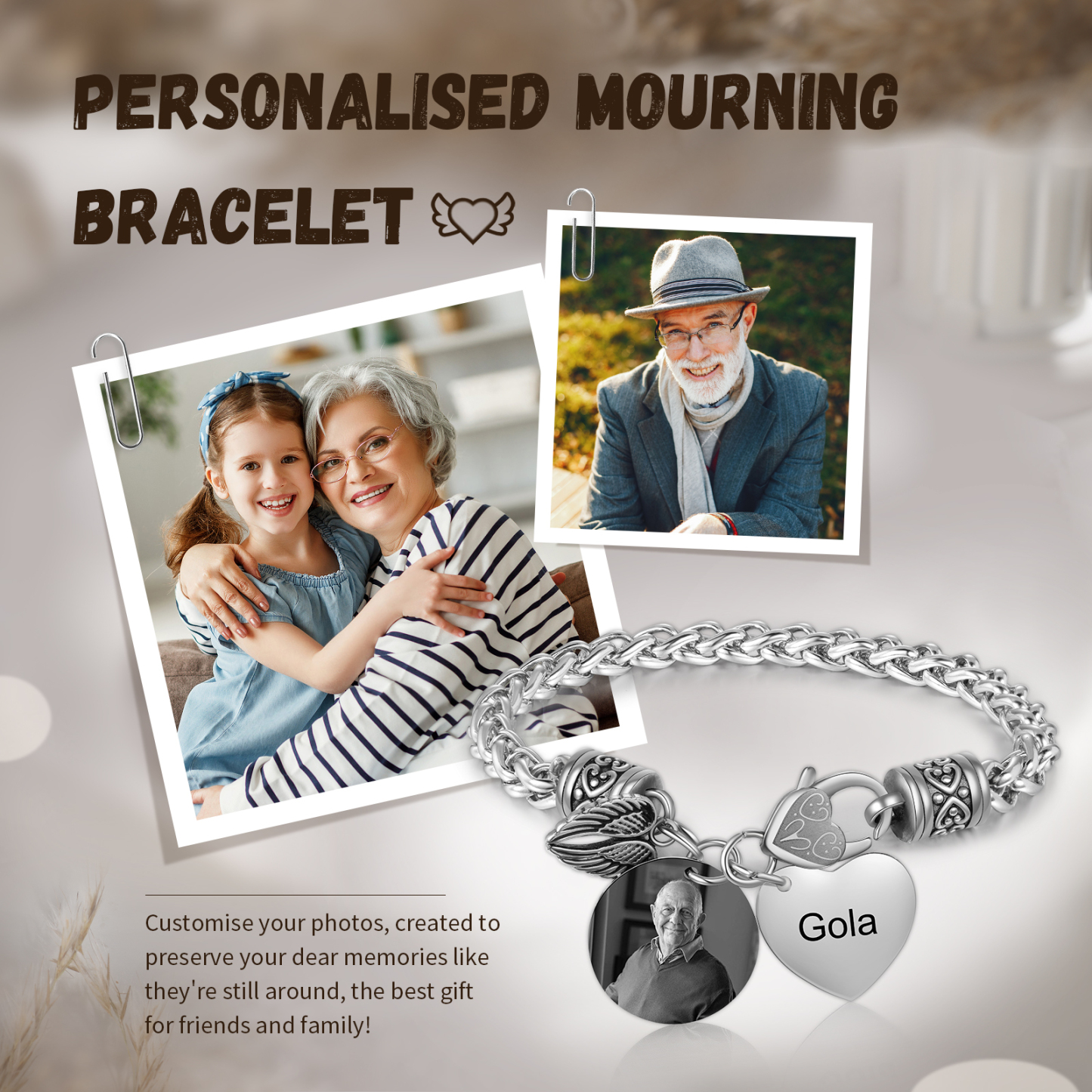Bracelet Coeur et Ailes commémoratif 1 Prénom Personnalisé avec photo Bracelet Personnalisé | Jessemade