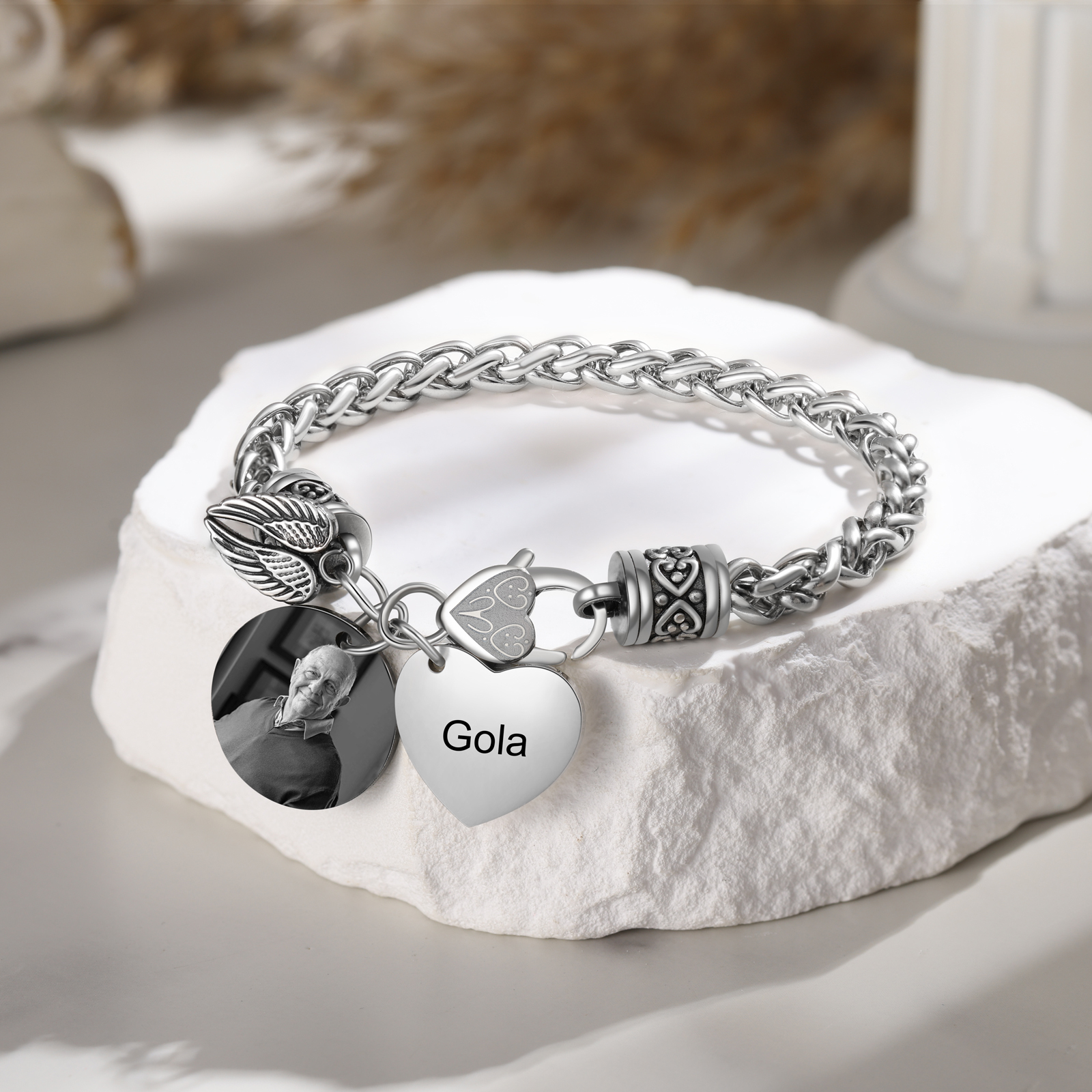 Bracelet Coeur et Ailes commémoratif 1 Prénom Personnalisé avec photo Bracelet Personnalisé | Jessemade