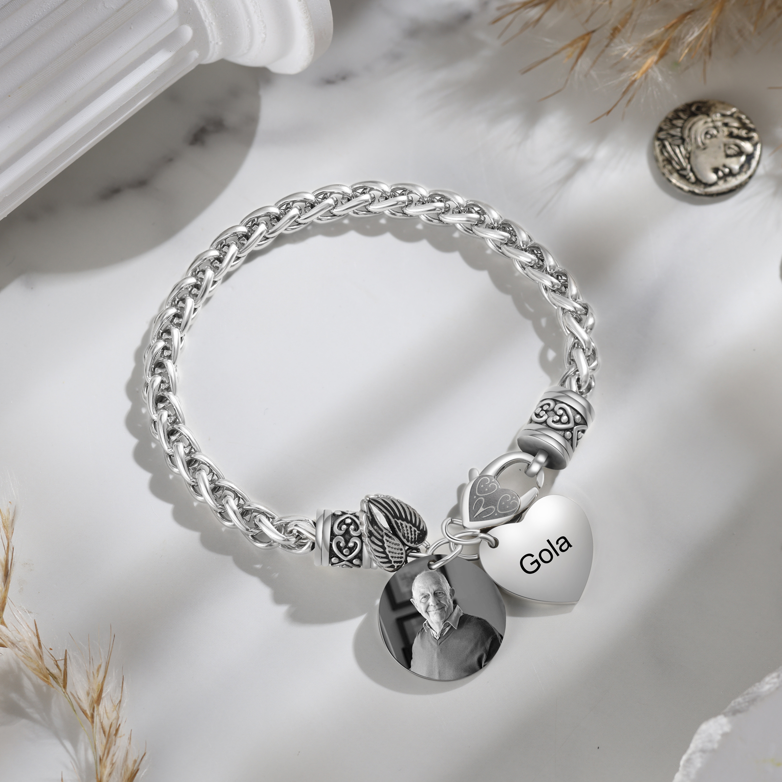 Bracelet Coeur et Ailes commémoratif 1 Prénom Personnalisé avec photo Bracelet Personnalisé | Jessemade