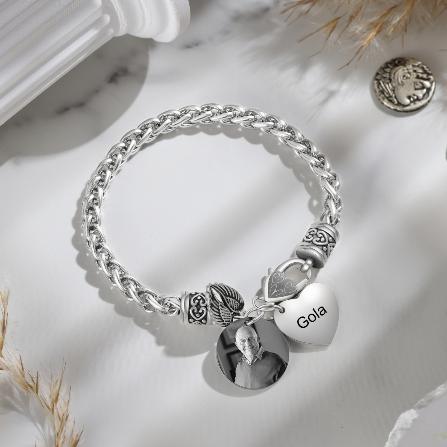Bracelet Coeur et Ailes commémoratif 1 Prénom Personnalisé avec photo Bracelet Personnalisé | Jessemade