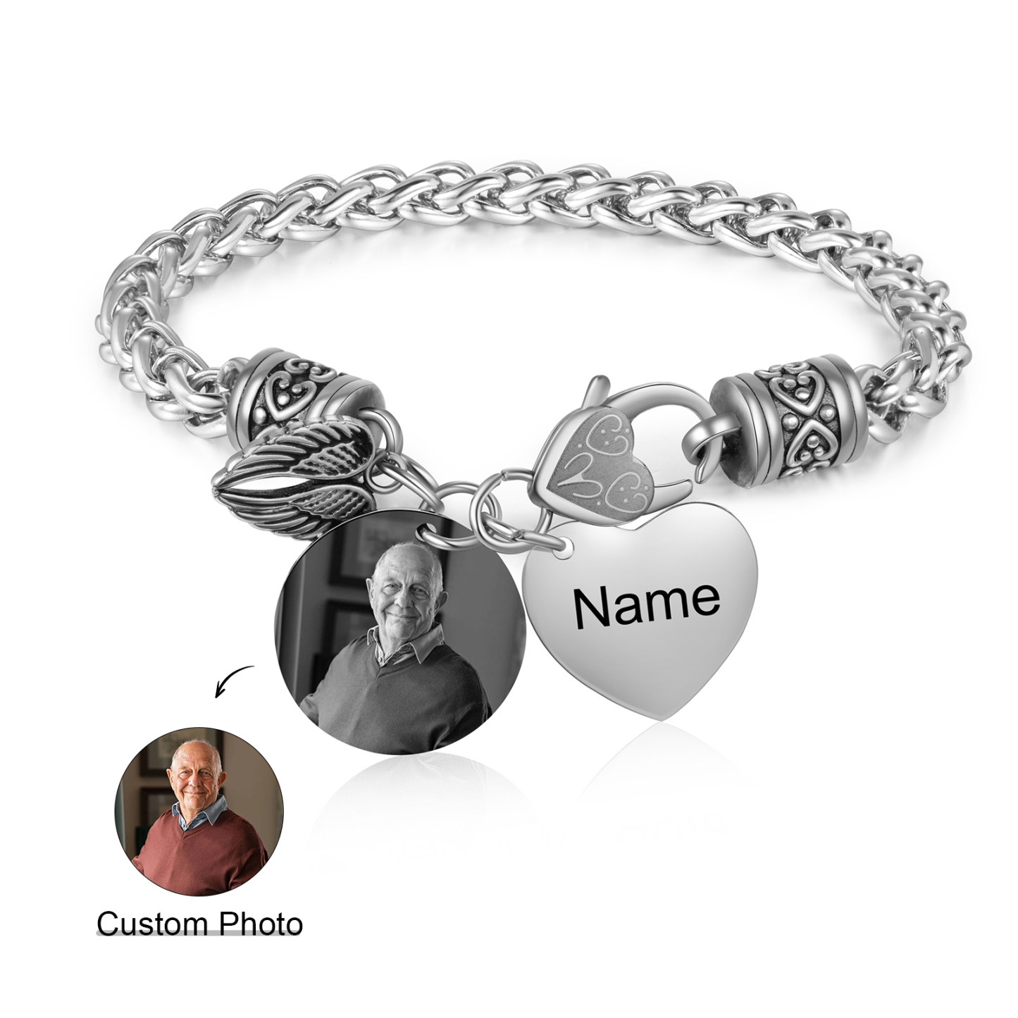 Bracelet Coeur et Ailes commémoratif 1 Prénom Personnalisé avec photo Bracelet Personnalisé | Jessemade