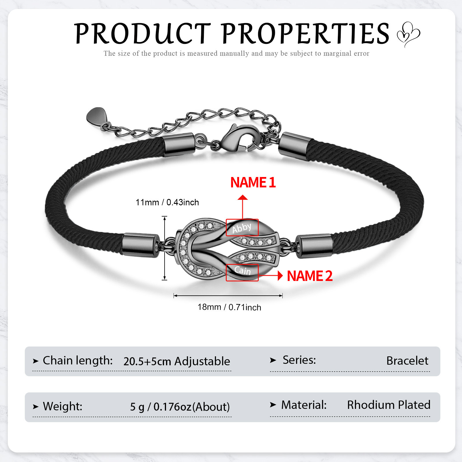 Bracelet Infini Personnalisé avec 2 Prénoms Bracelet Personnalisable Avec Cordon Noir Réglable | Jessemade