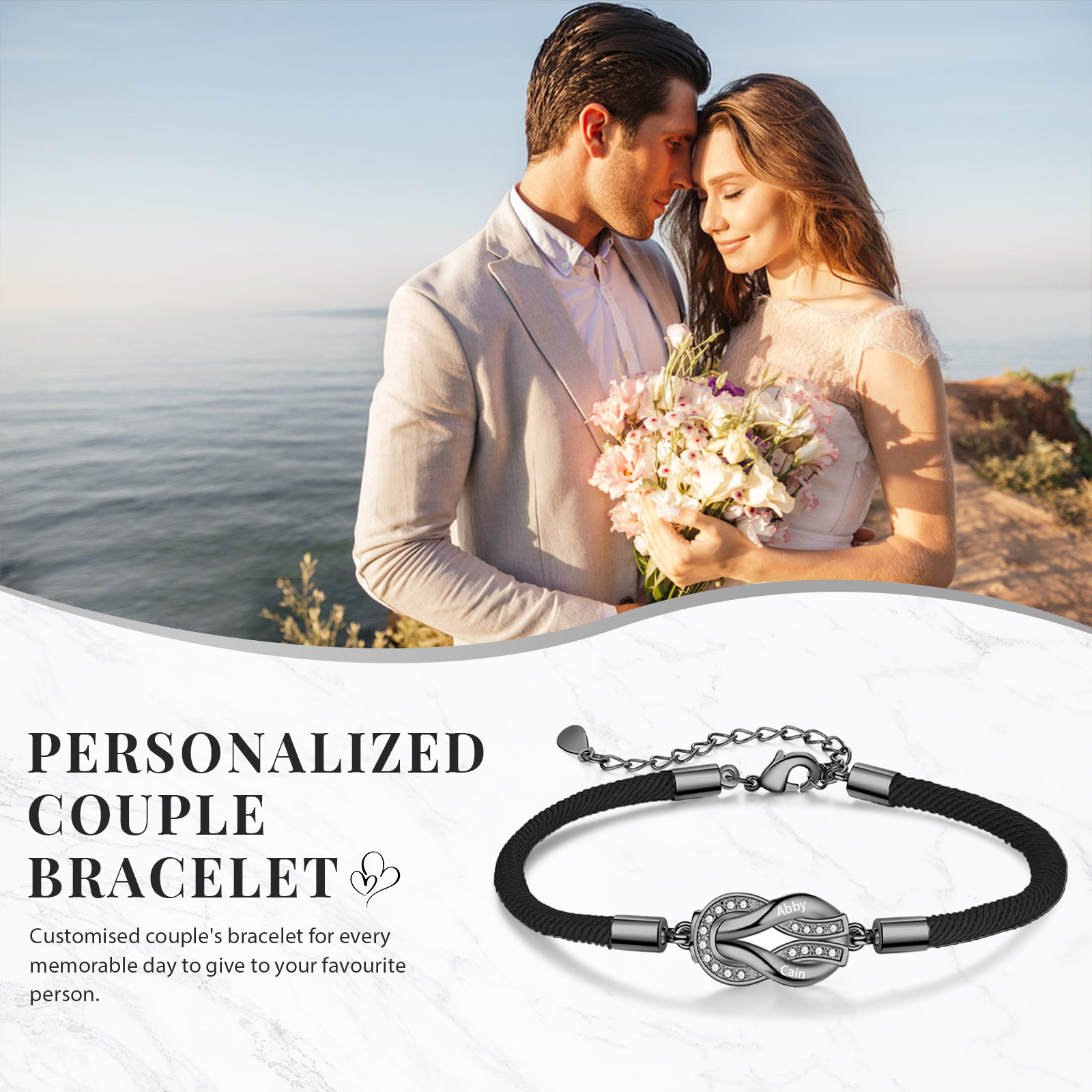 Bracelet Infini Personnalisé avec 2 Prénoms Bracelet Personnalisable Avec Cordon Noir Réglable | Jessemade