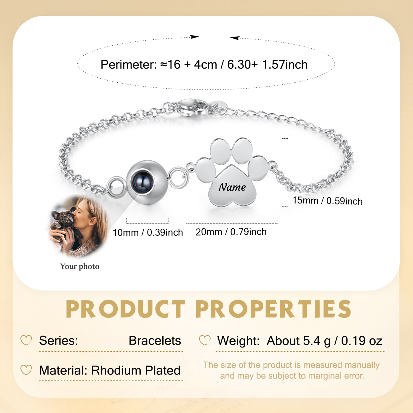 Bracelet Projection Photo Personnalisée avec 1 Prénom Pendentif Patte de Chat Bracelet pour Femme | Jessemade