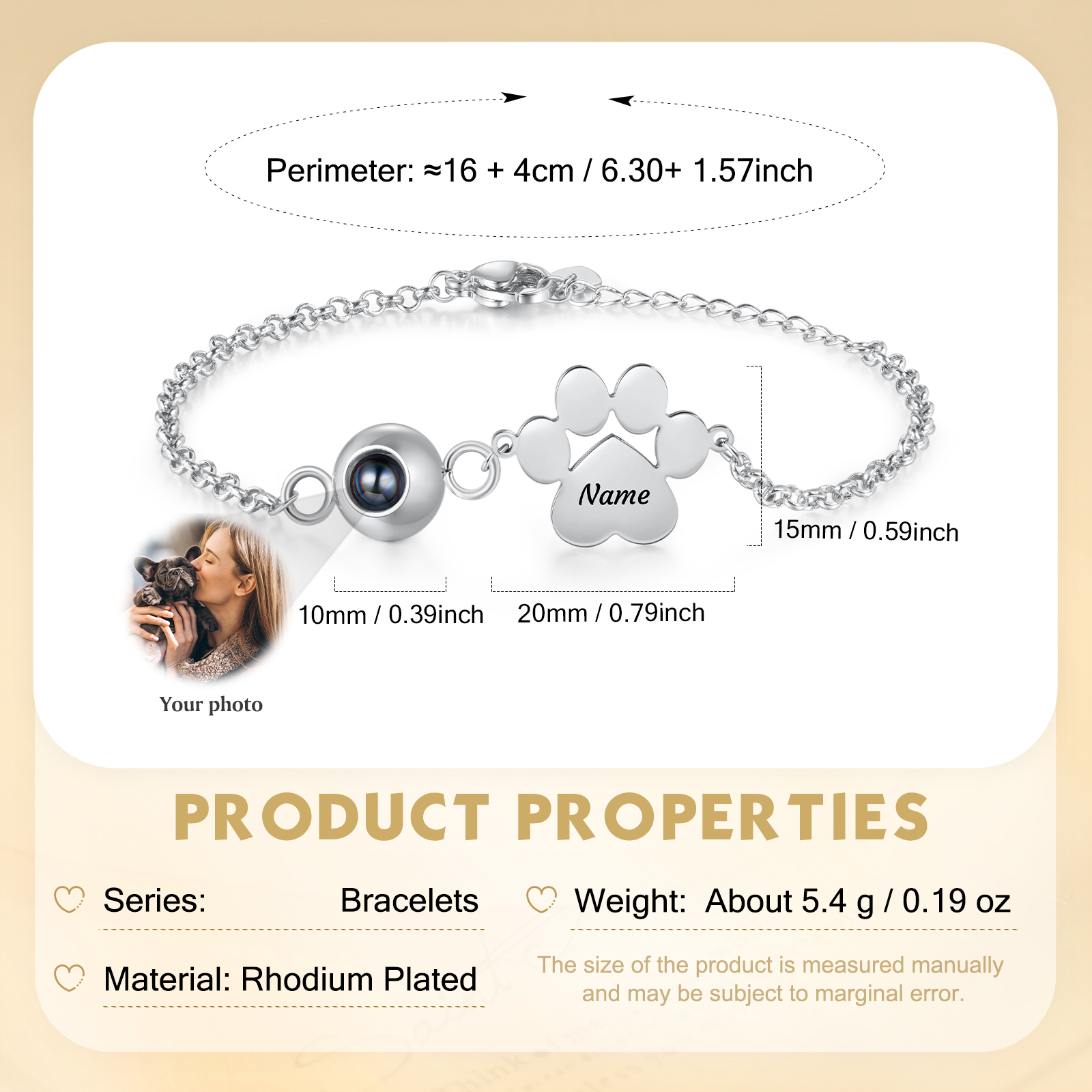 Bracelet Projection Photo Personnalisée avec 1 Prénom Pendentif Patte de Chat Bracelet pour Femme | Jessemade