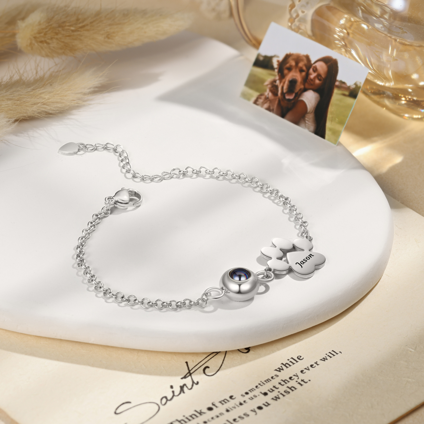 Bracelet Projection Photo Personnalisée avec 1 Prénom Pendentif Patte de Chat Bracelet pour Femme | Jessemade