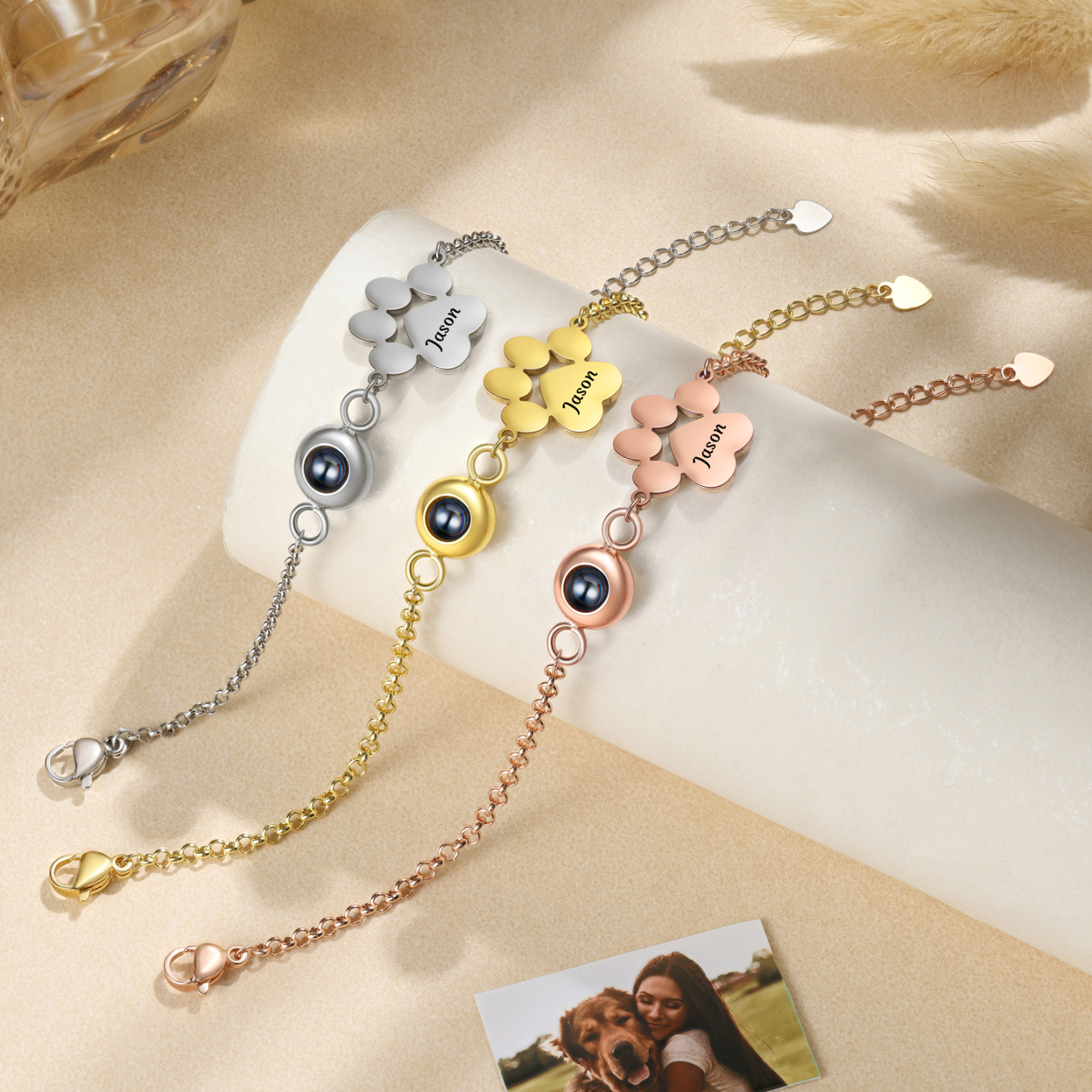 Bracelet Projection Photo Personnalisée avec 1 Prénom Pendentif Patte de Chat Bracelet pour Femme | Jessemade