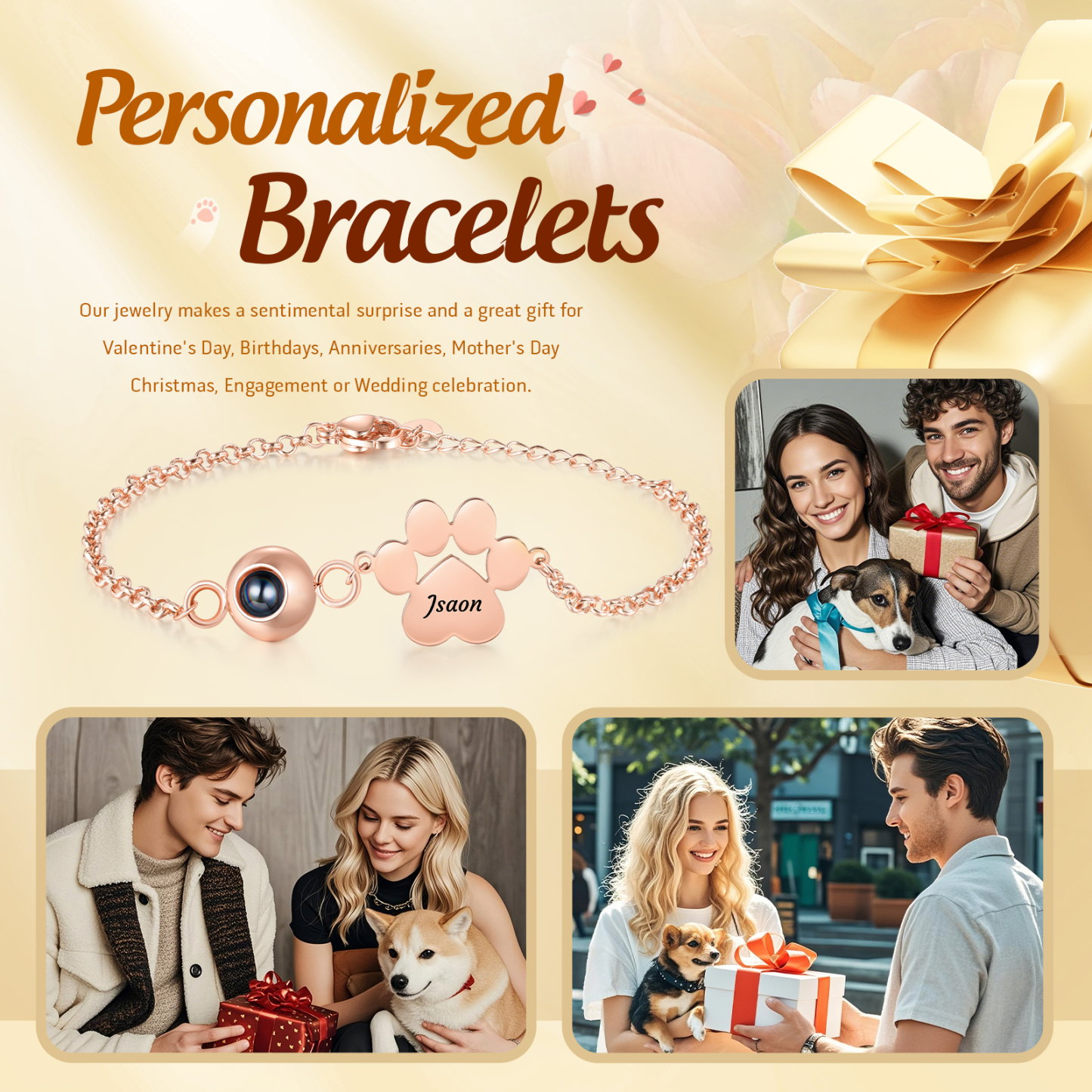 Bracelet Projection Photo Personnalisée avec 1 Prénom Pendentif Patte de Chat Bracelet pour Femme | Jessemade