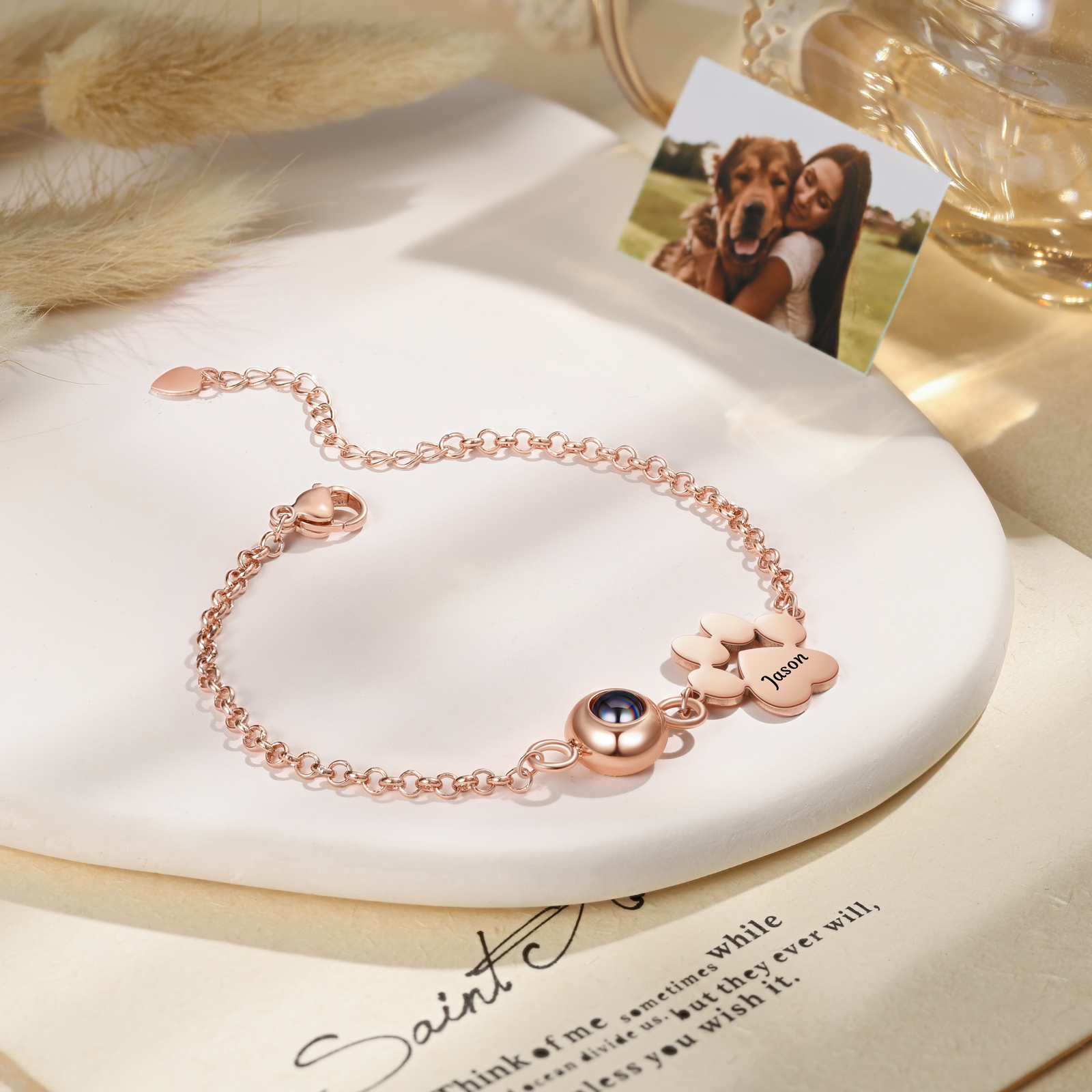 Bracelet Projection Photo Personnalisée avec 1 Prénom Pendentif Patte de Chat Bracelet pour Femme | Jessemade