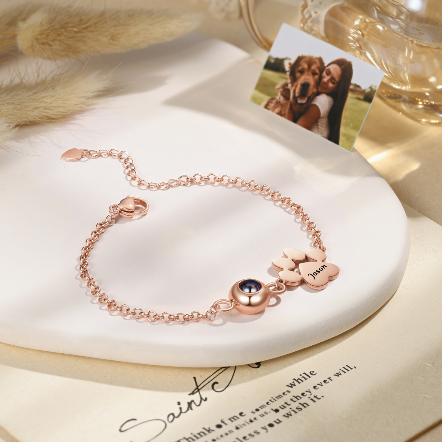 Bracelet Projection Photo Personnalisée avec 1 Prénom Pendentif Patte de Chat Bracelet pour Femme | Jessemade