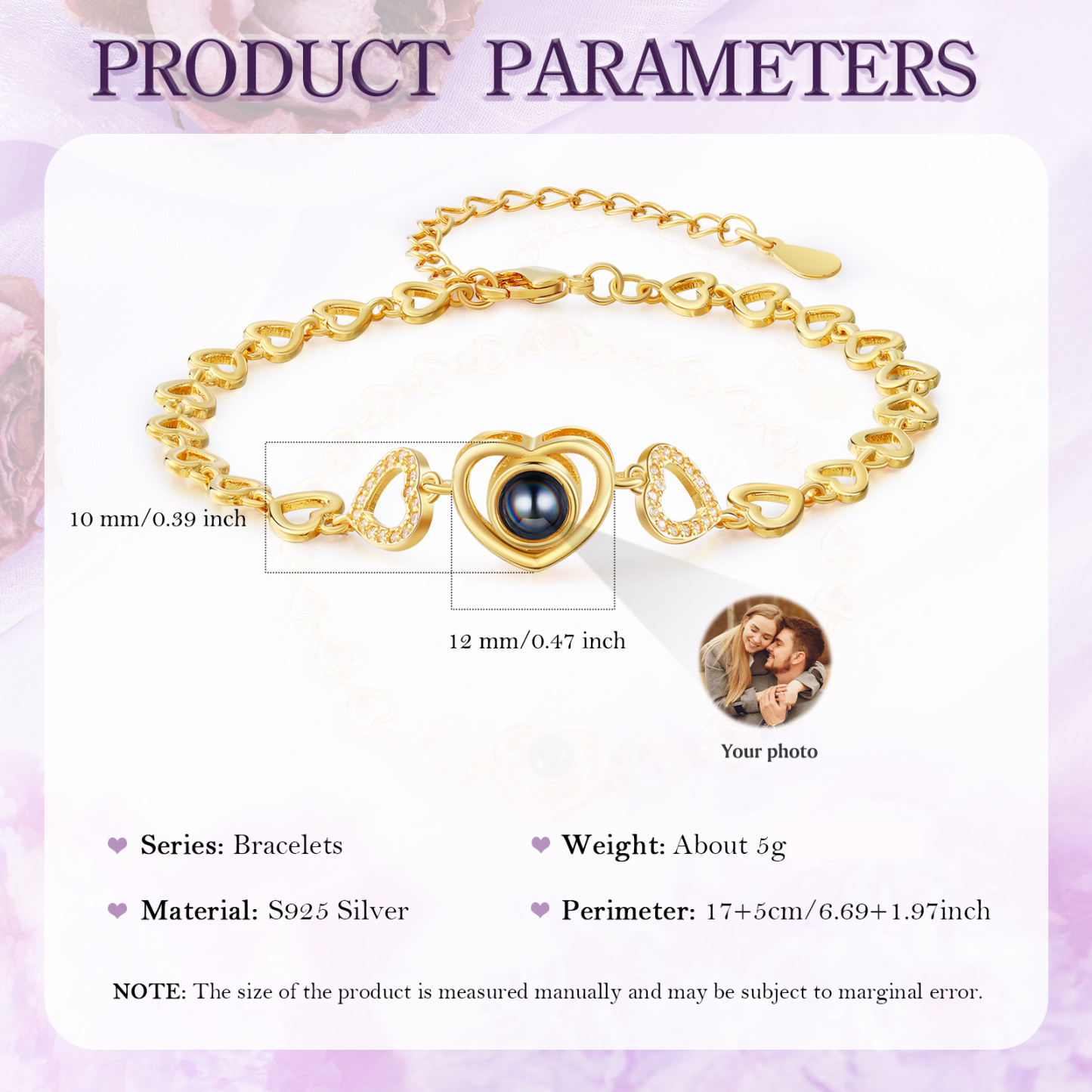 Bracelet en Argent S925 Bracelet Photo Projection Personnalisable Doré pour Femme|Jessemade