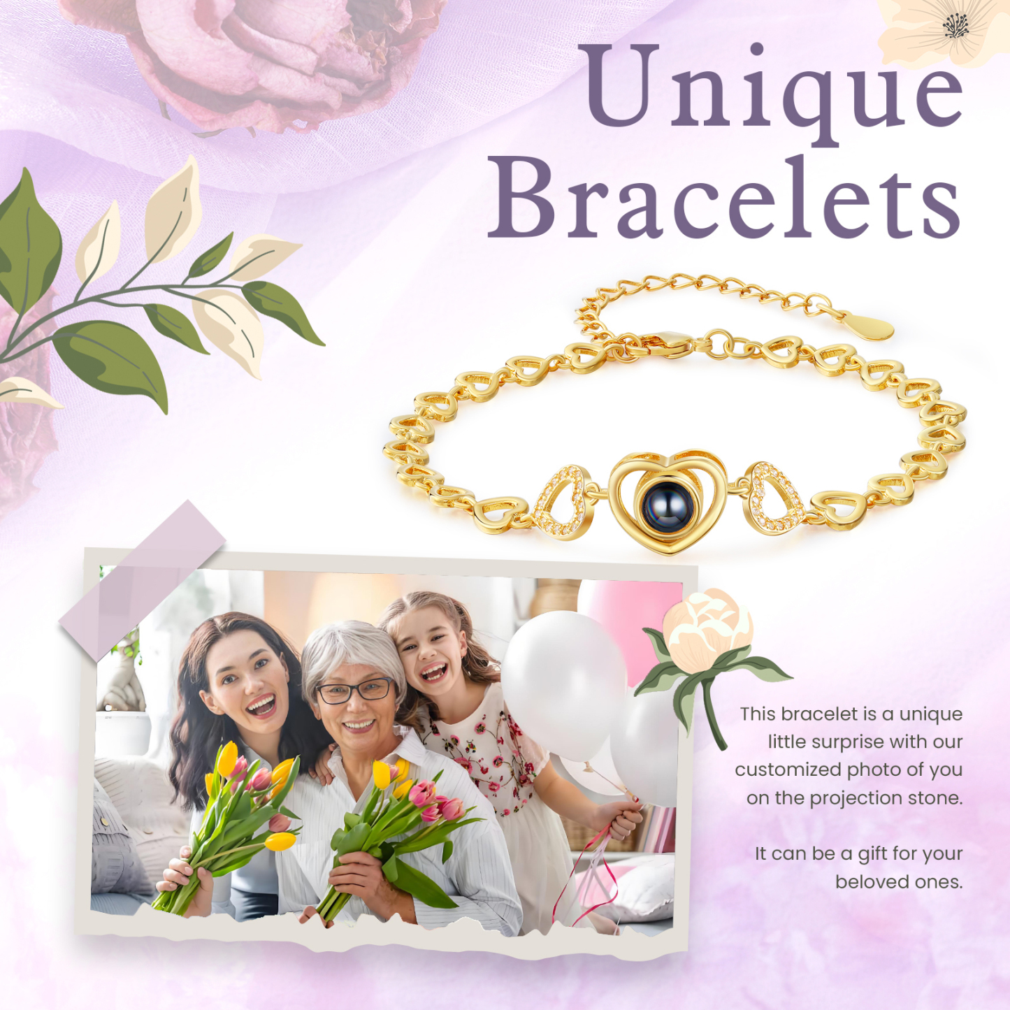 Bracelet en Argent S925 Bracelet Photo Projection Personnalisable Doré pour Femme|Jessemade