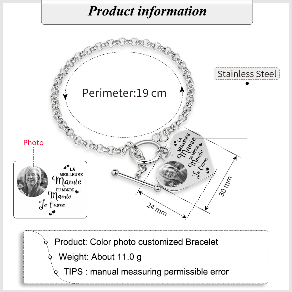À Mamie - Bracelet en acier inoxydable avec pendentif cœur Photo Personnalisée Cadeau pour Mamie | Jessemade